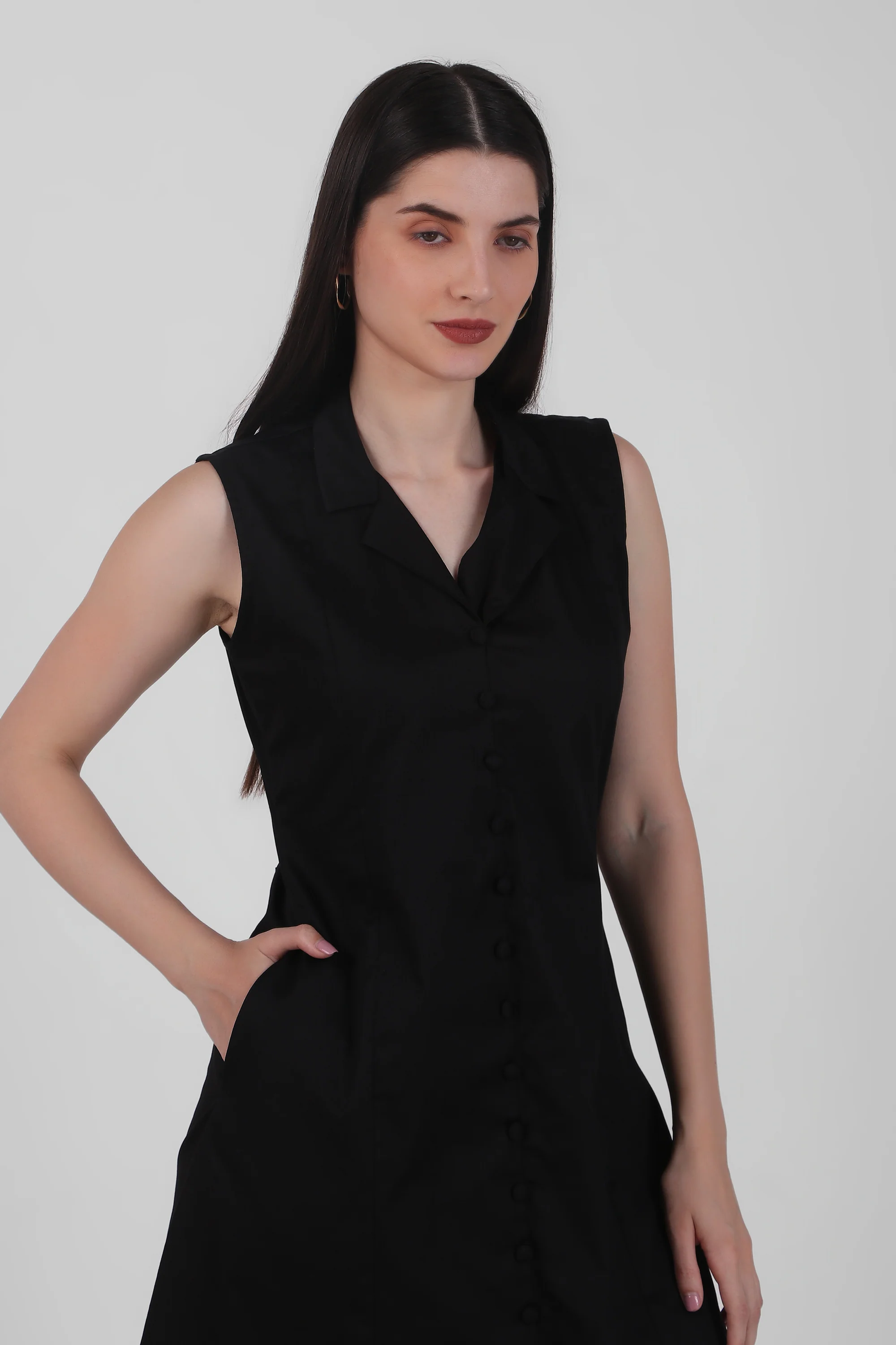 Lapel Grace Calf-Length Dress – Black - Image 5