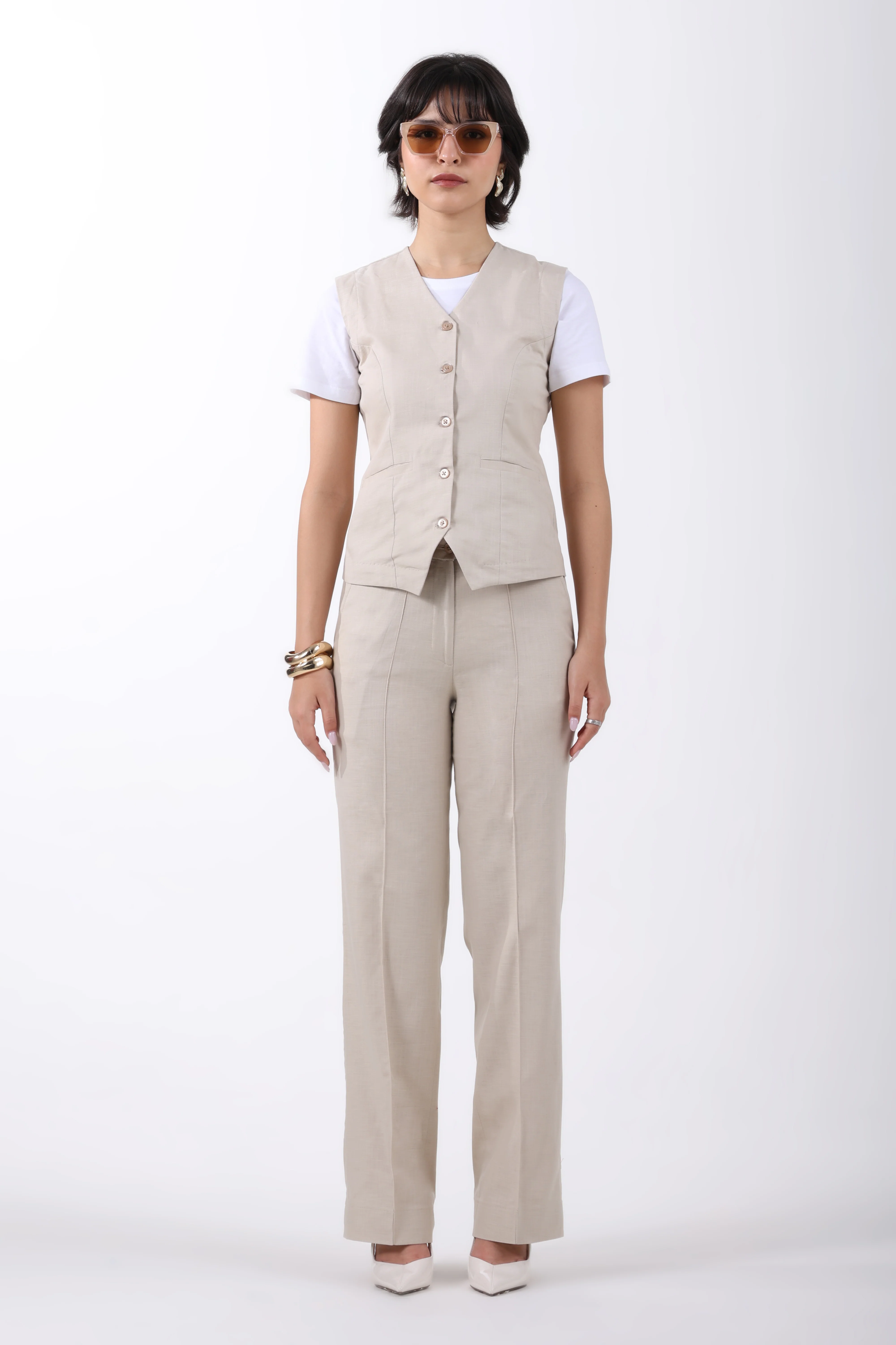 Linen Blend Waistcoat and Trousers Co-ord Set – Beige - Image 3