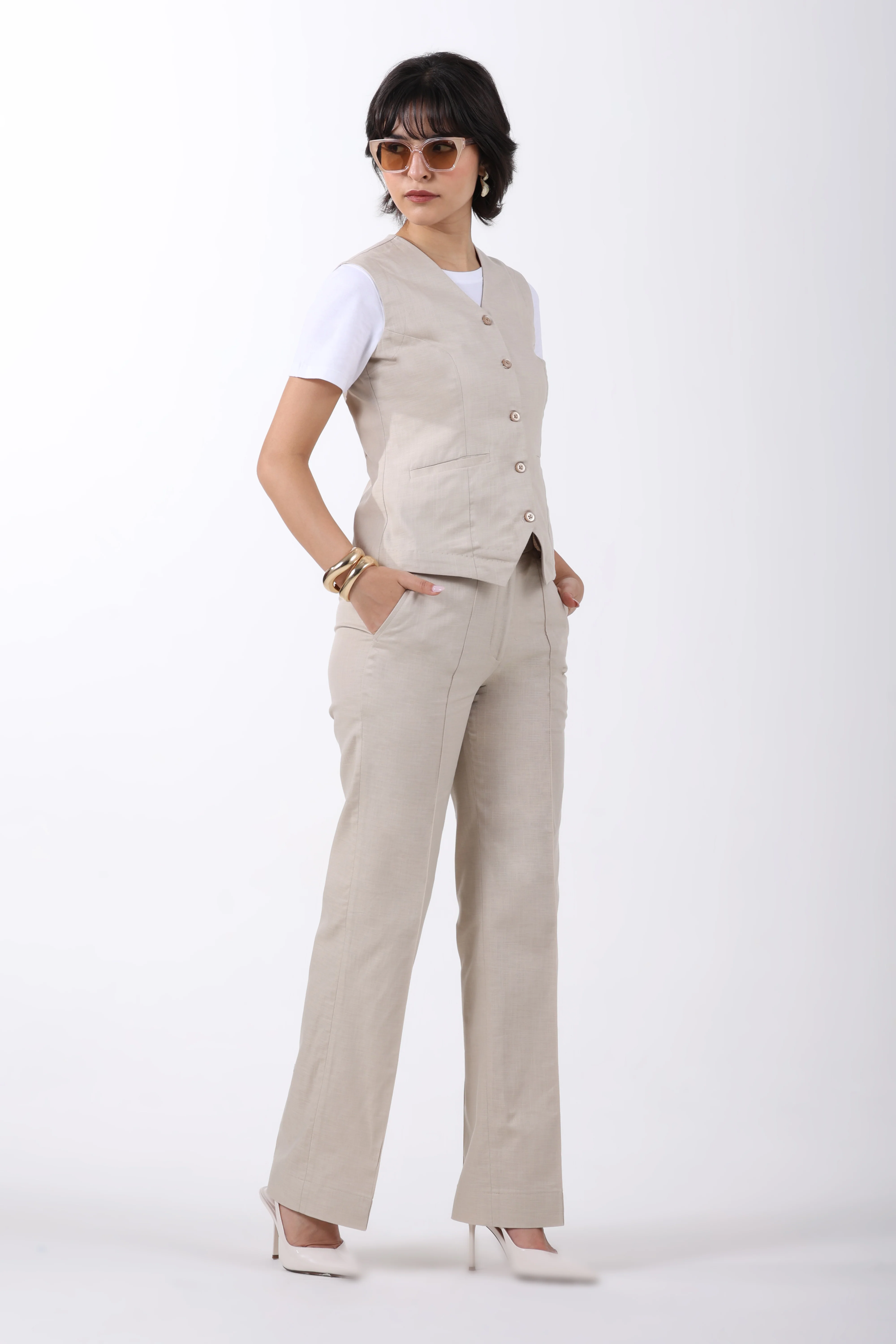 Linen Blend Waistcoat and Trousers Co-ord Set – Beige - Image 4