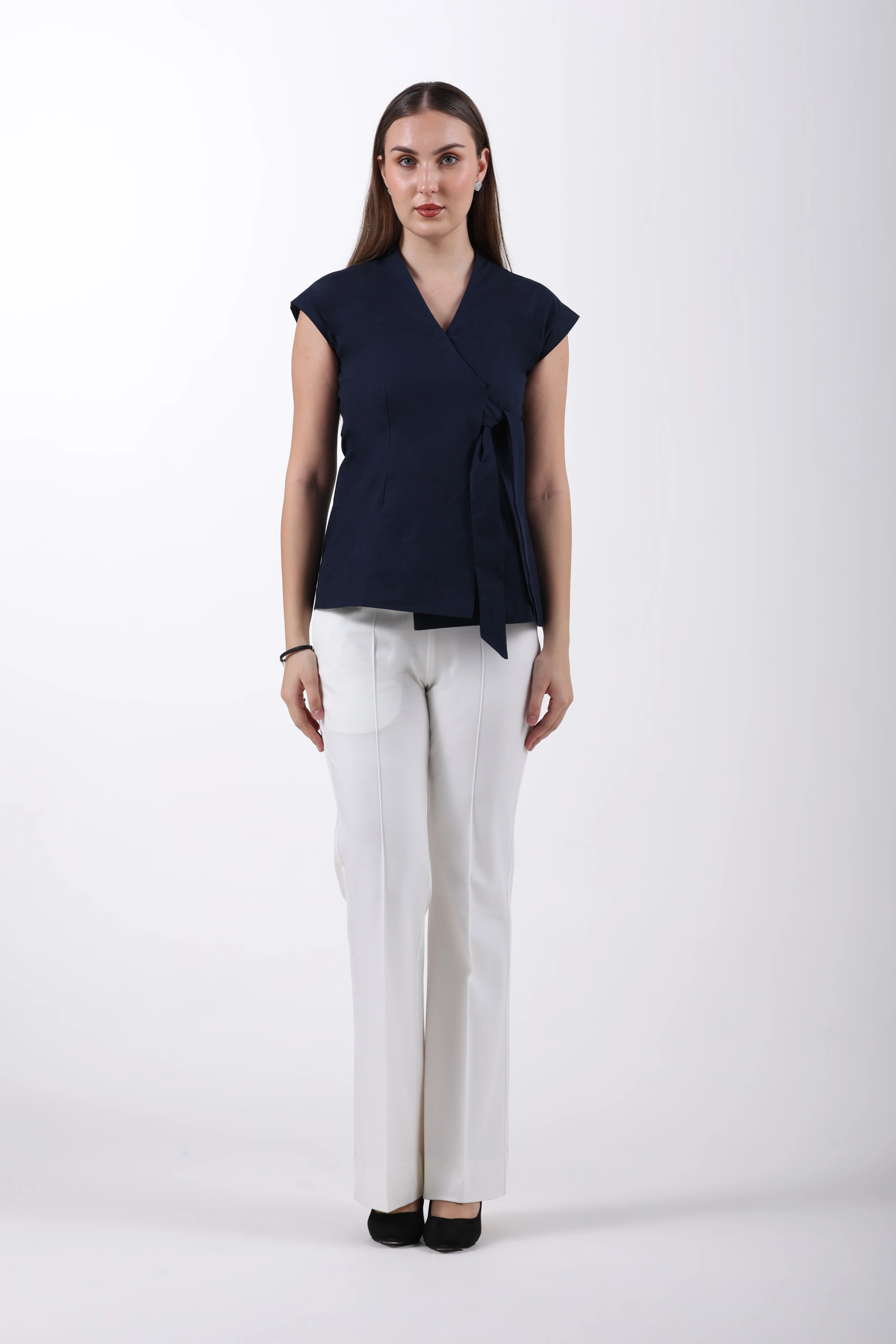 Linen Wrap Style Waistcoat – Navy Blue - Image 3