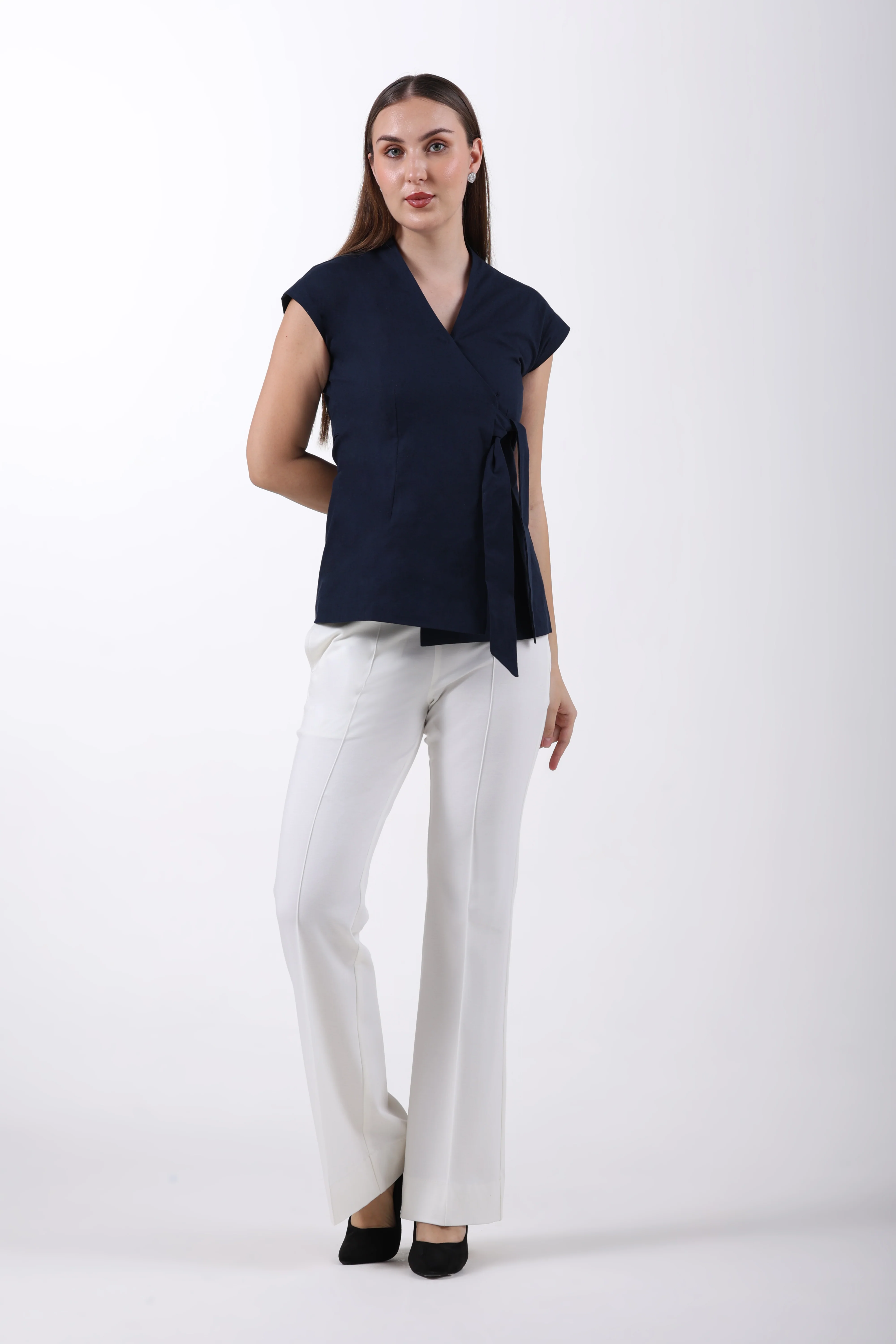 Linen Wrap Style Waistcoat – Navy Blue - Image 4