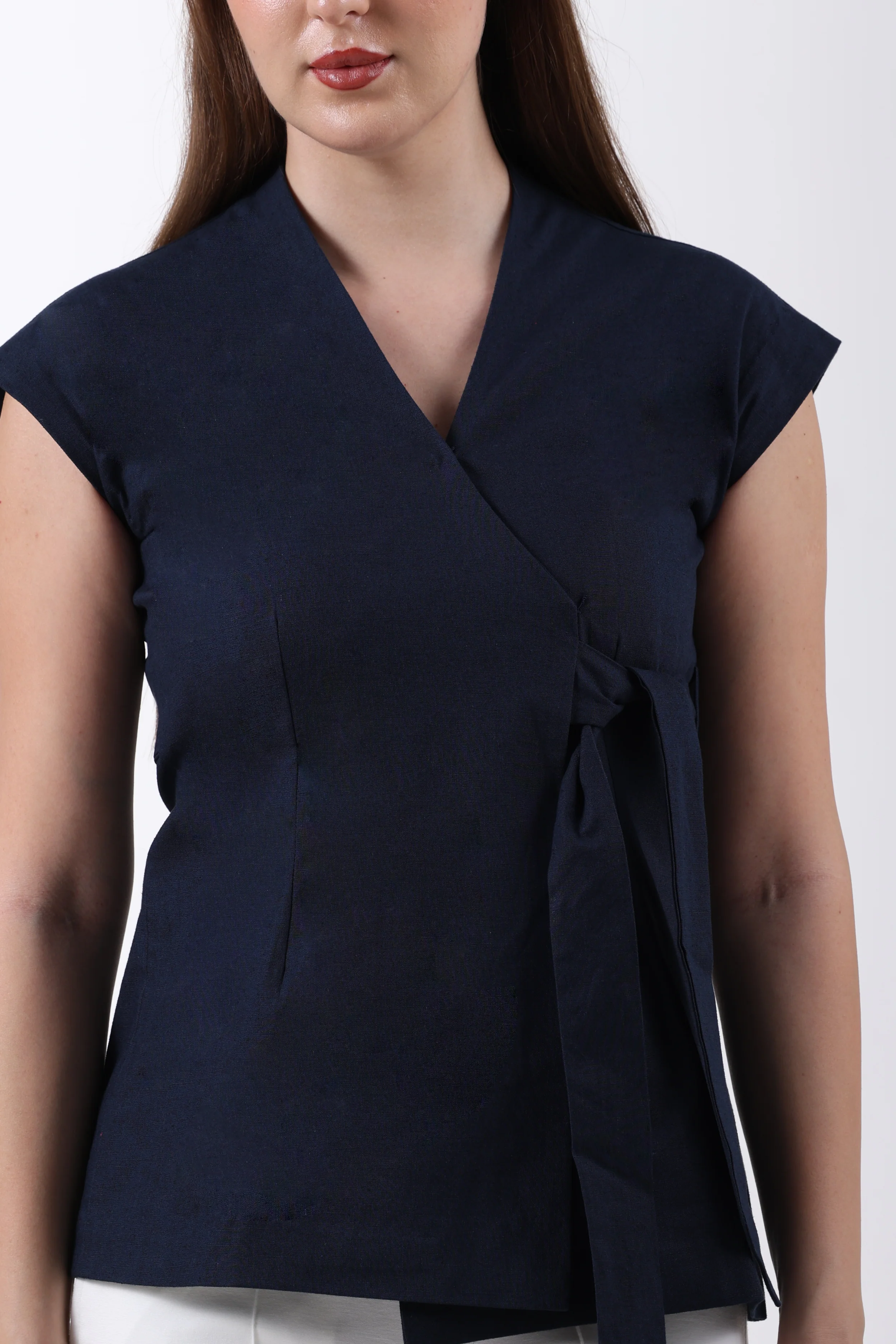 Linen Wrap Style Waistcoat – Navy Blue - Image 6