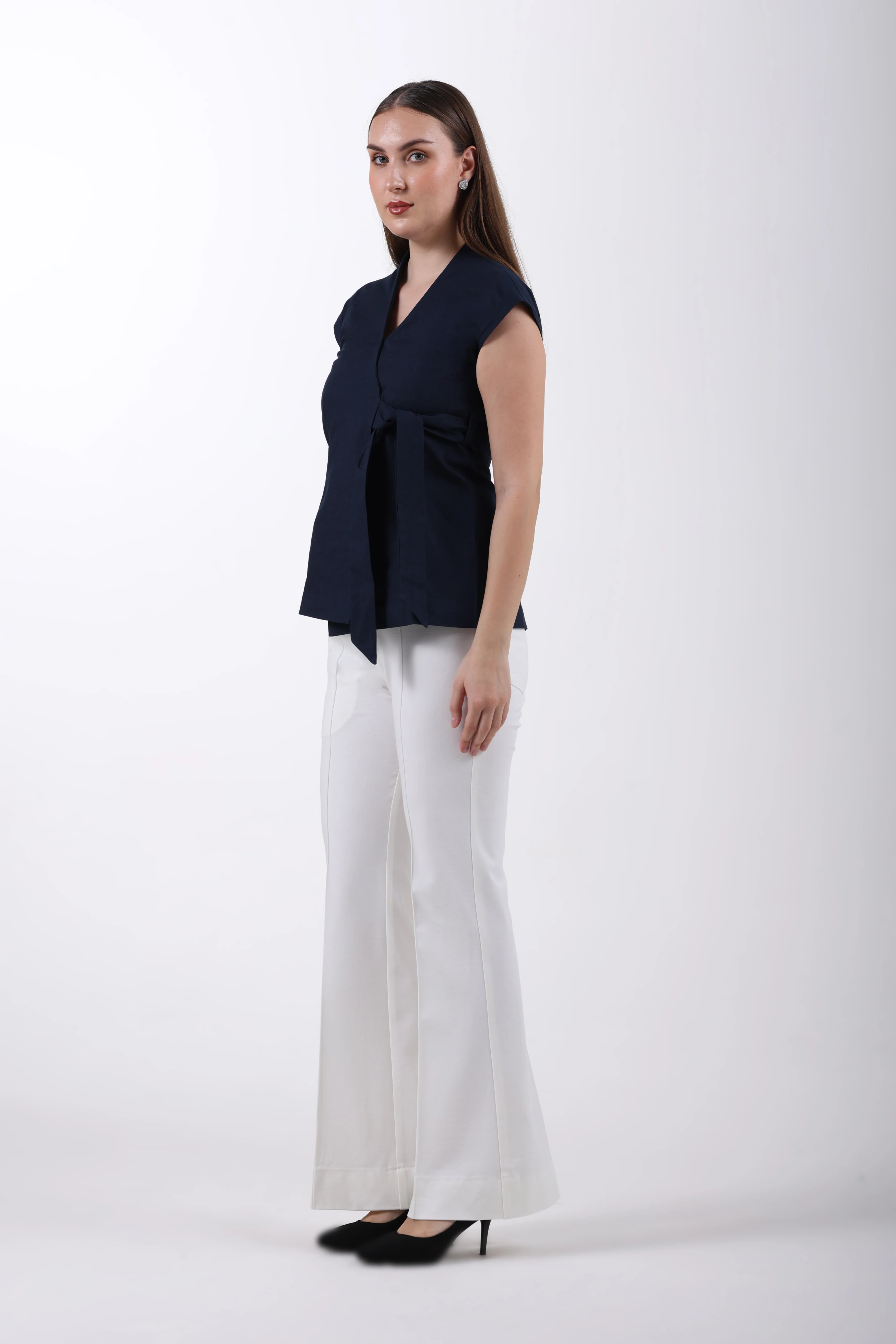 Linen Wrap Style Waistcoat – Navy Blue - Image 7