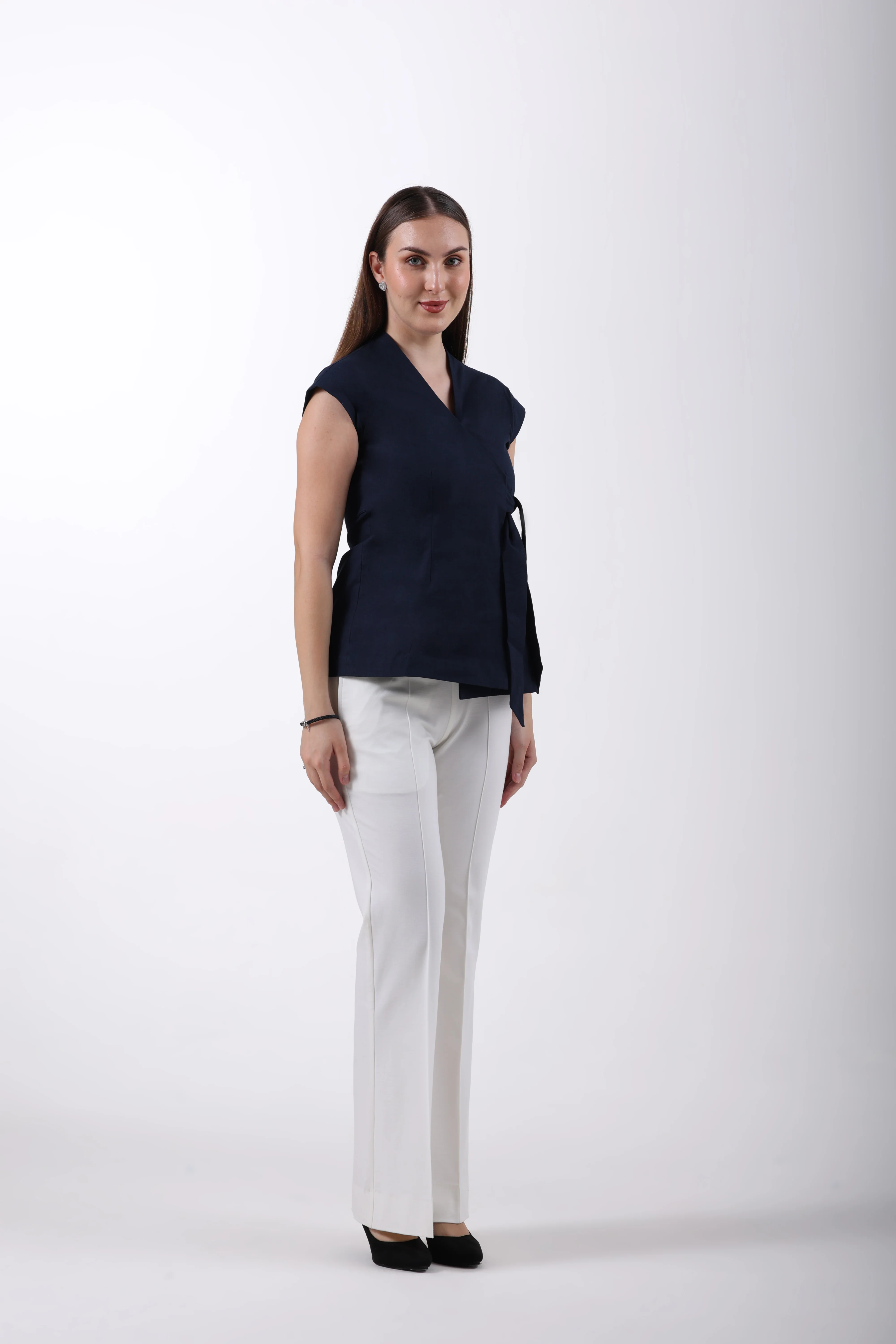 Linen Wrap Style Waistcoat – Navy Blue - Image 8