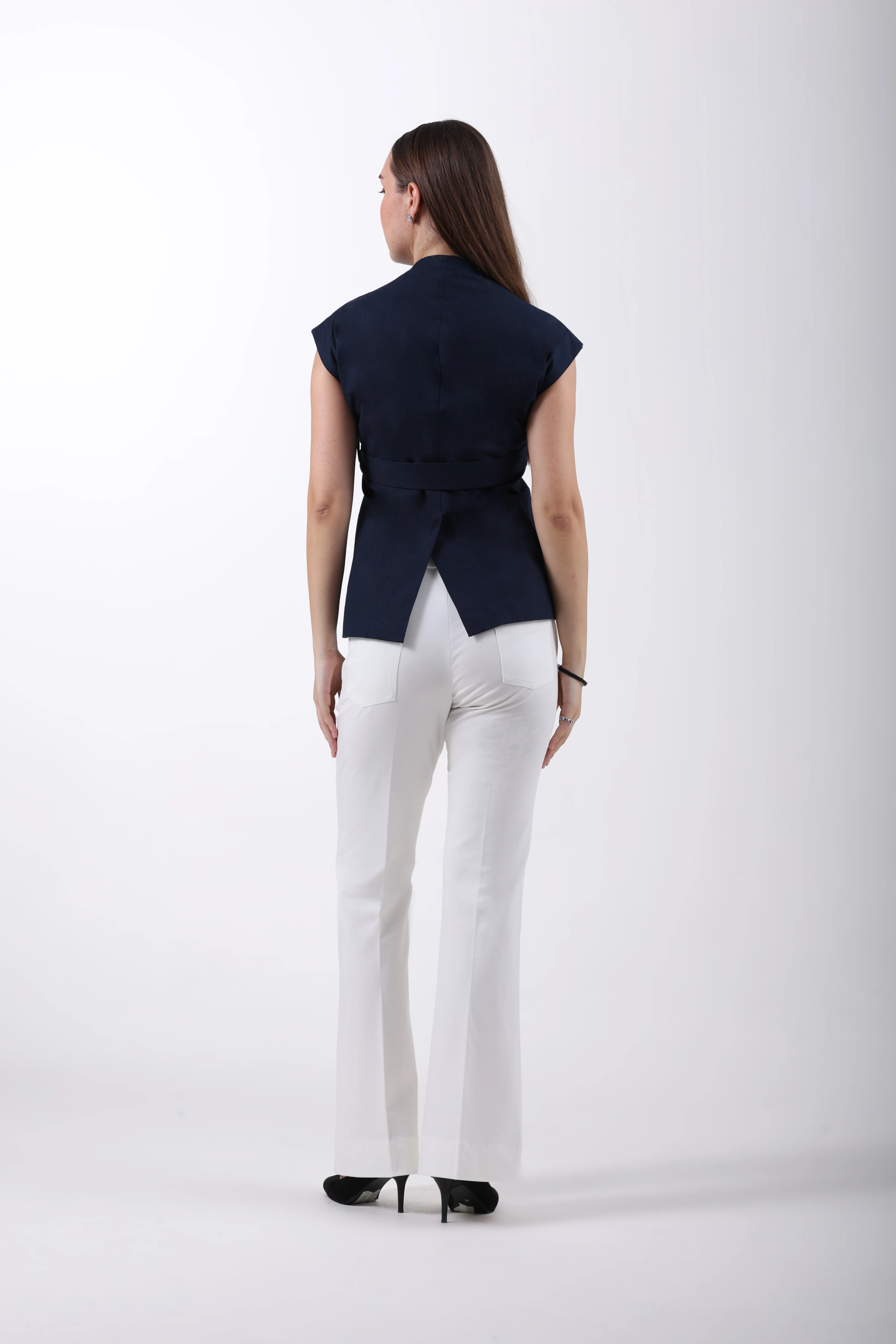 Linen Wrap Style Waistcoat – Navy Blue - Image 9