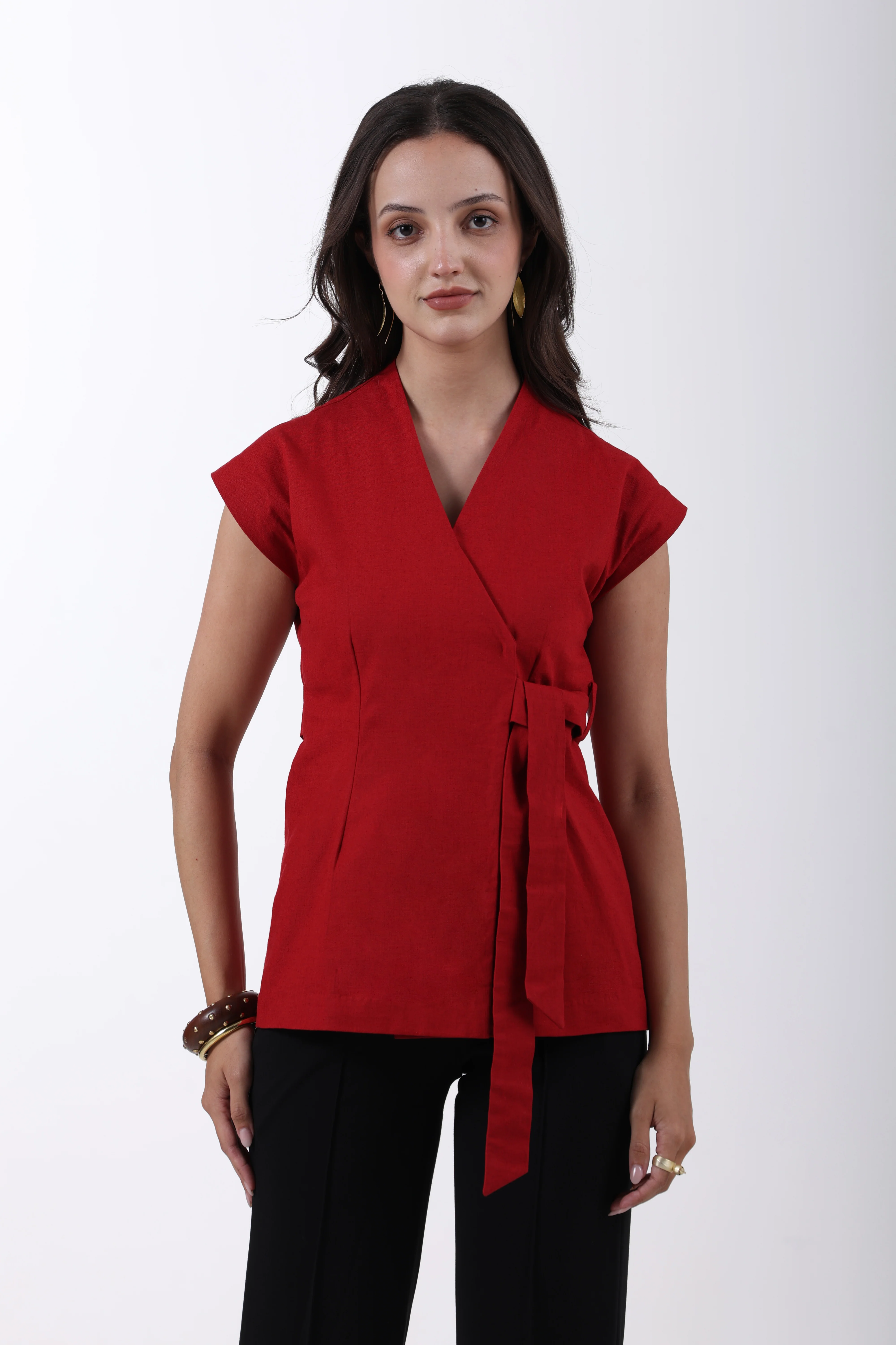 Linen Wrap Style Waistcoat – Red - Image 3