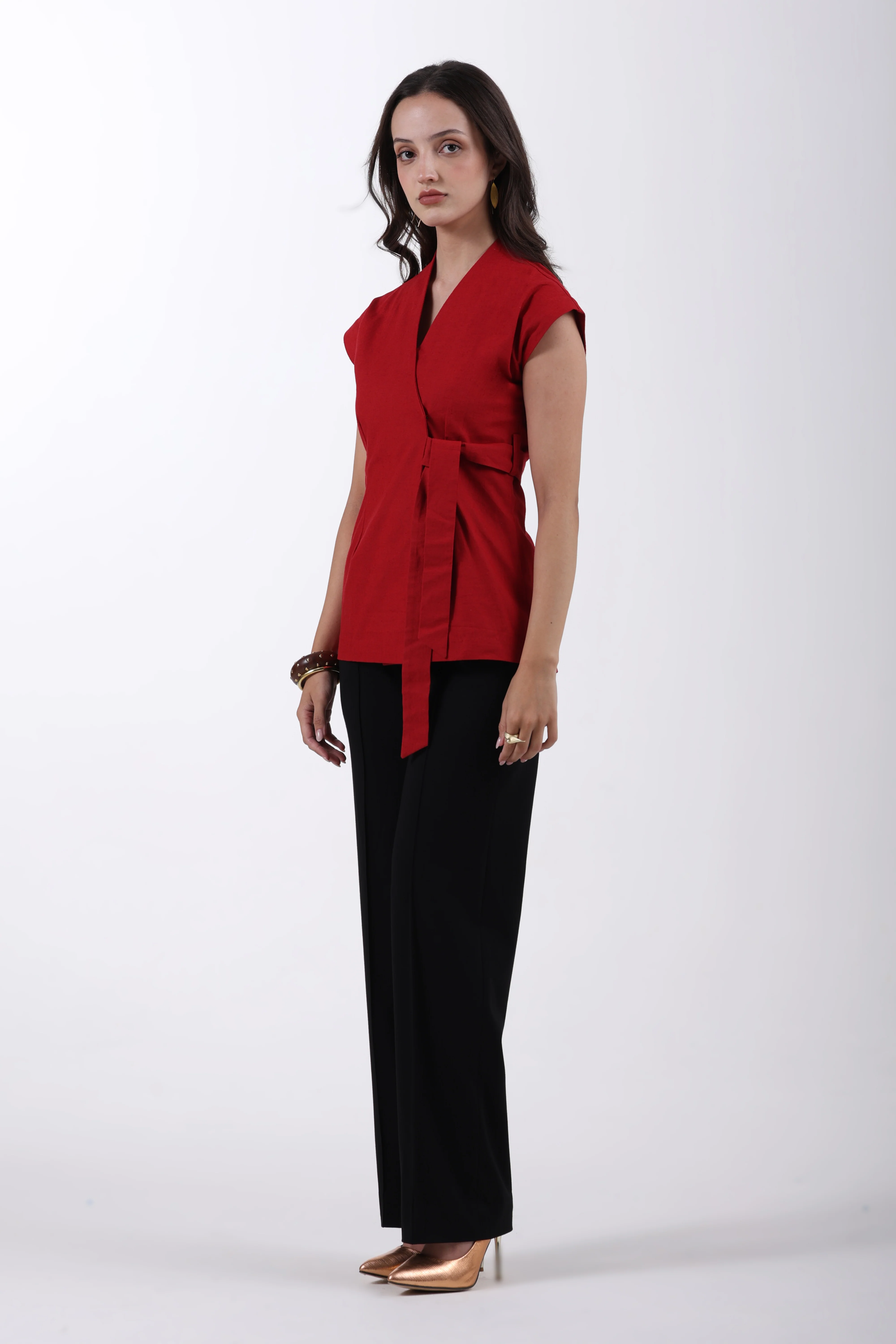 Linen Wrap Style Waistcoat – Red - Image 5