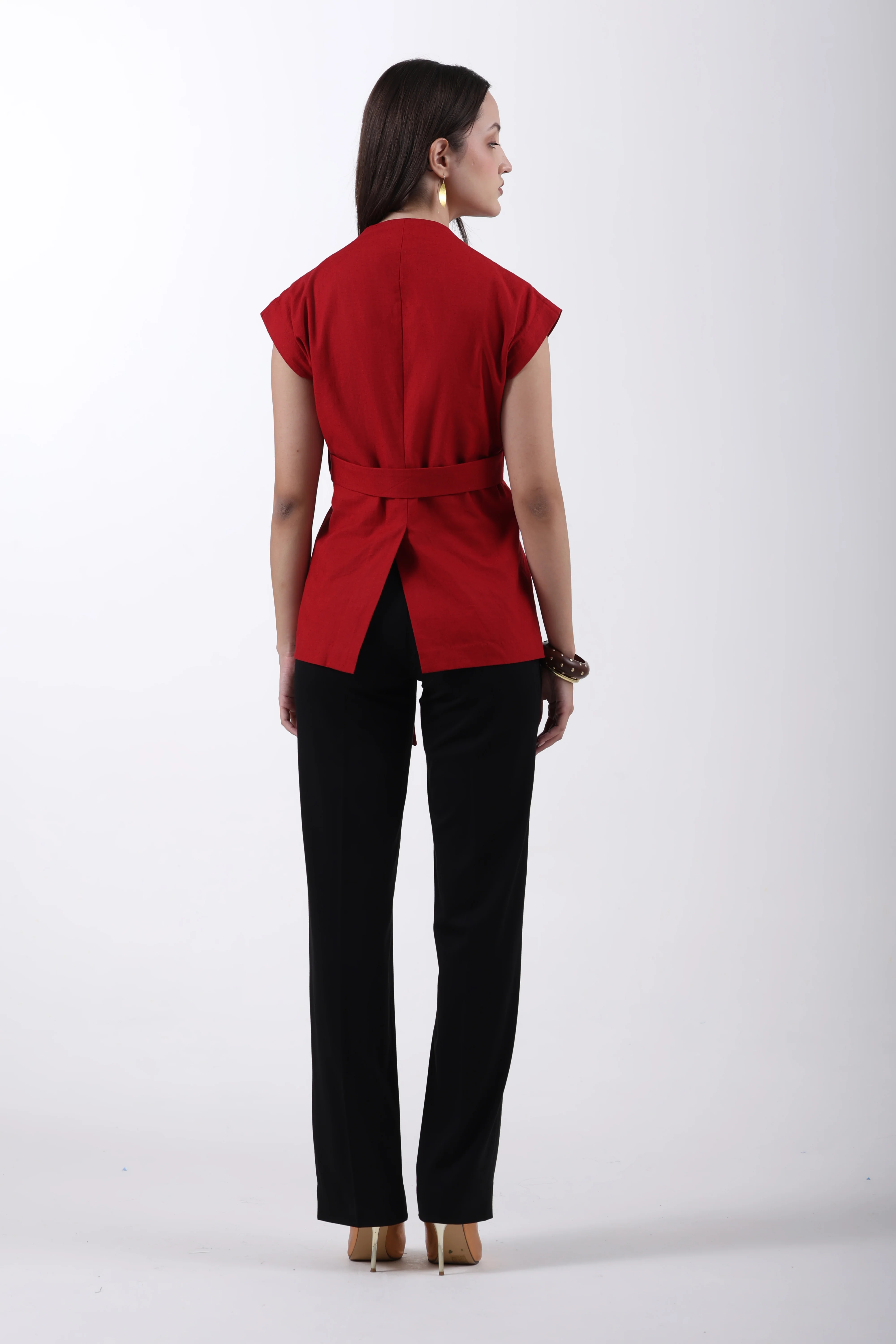 Linen Wrap Style Waistcoat – Red - Image 6