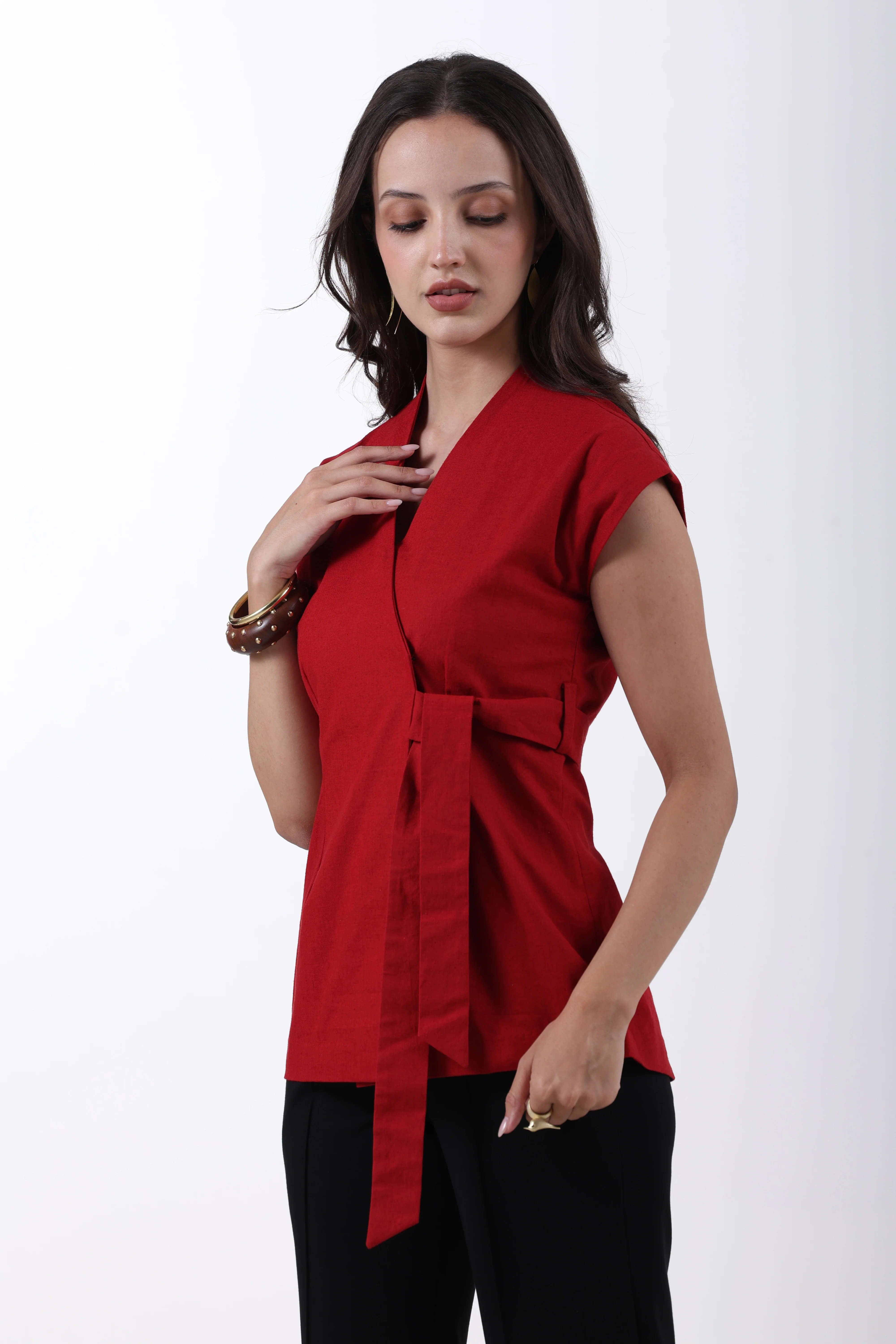 Linen Wrap Style Waistcoat – Red - Image 8