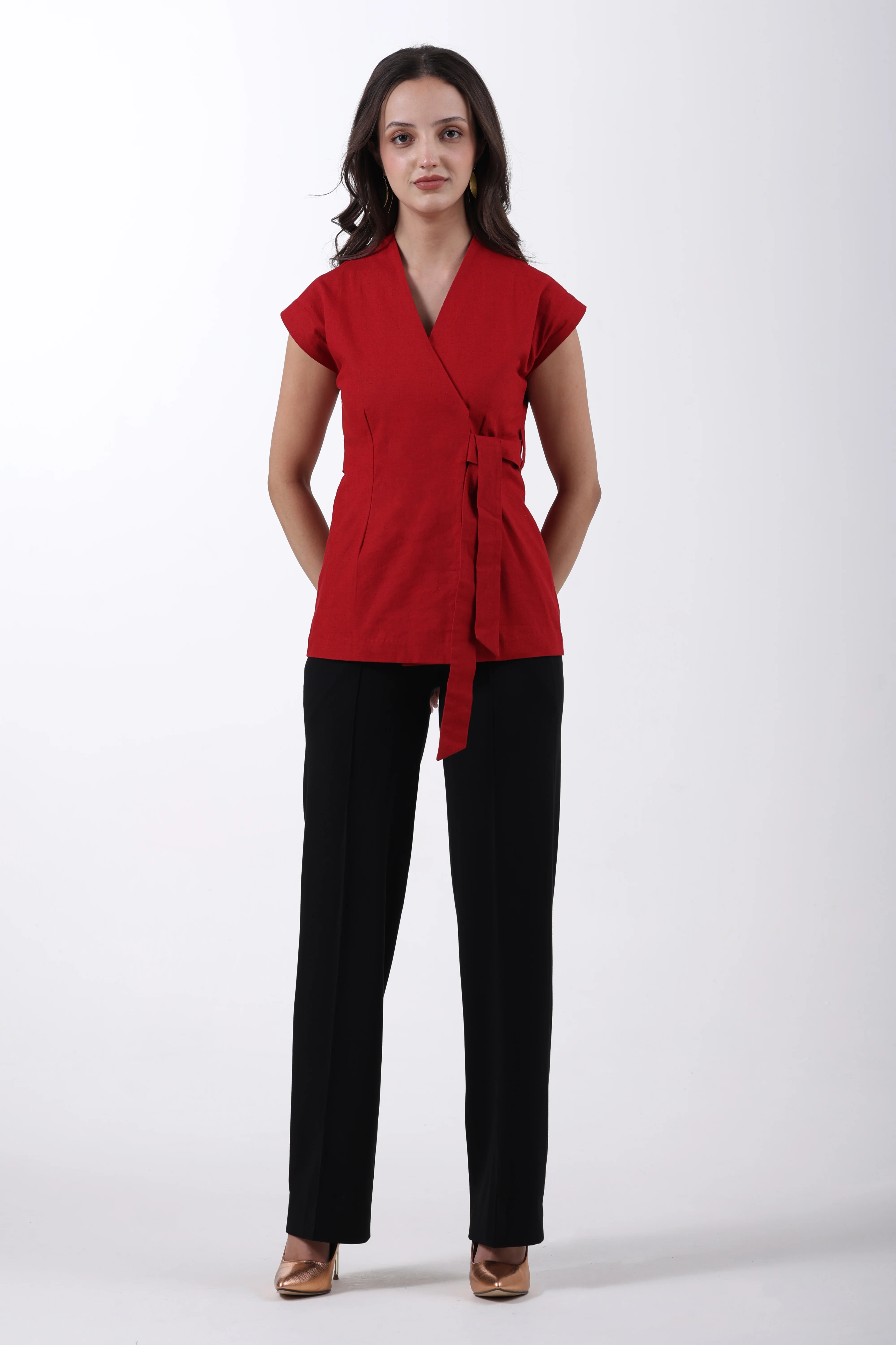 Linen Wrap Style Waistcoat – Red - Image 9