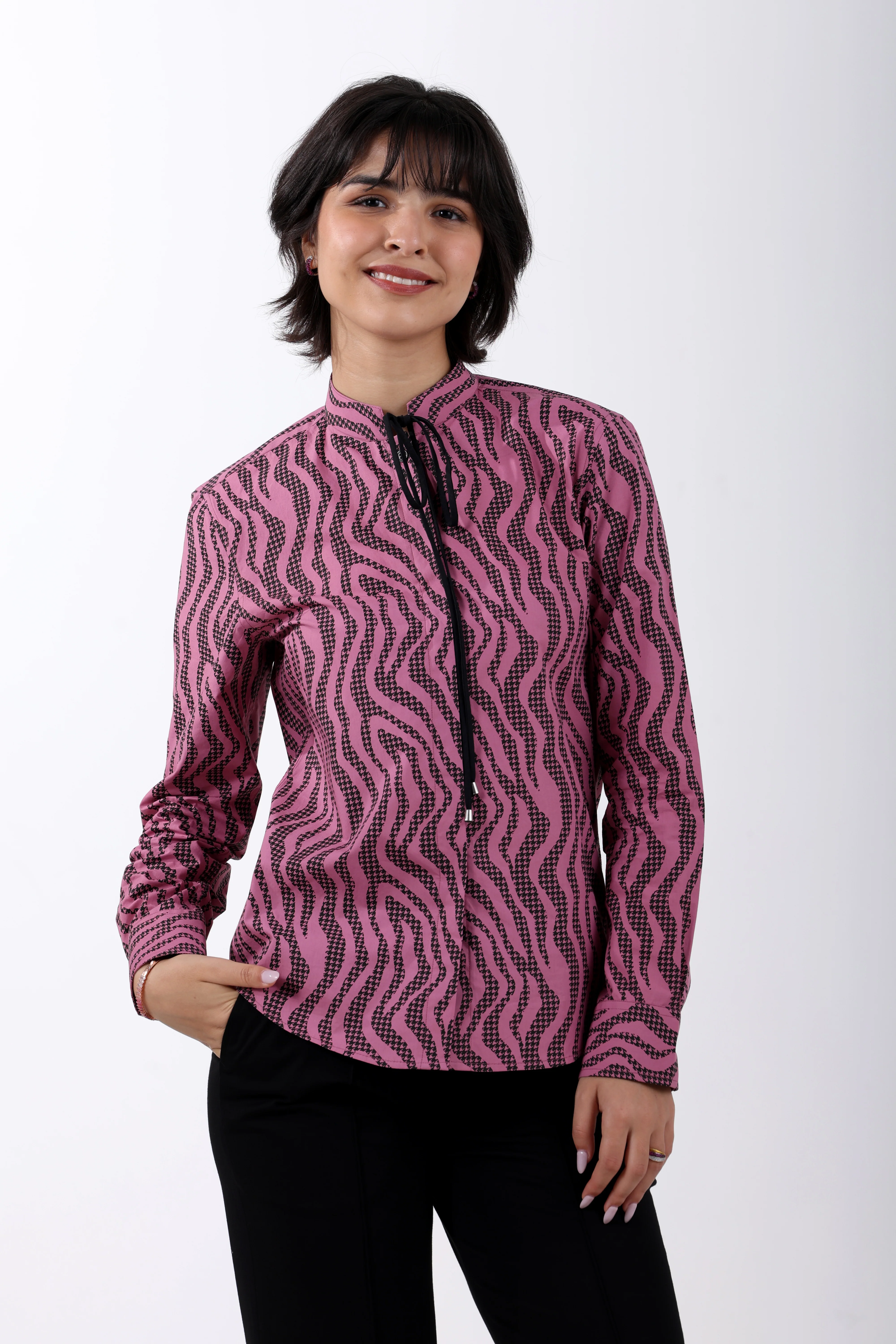 Mauve Precision Houndstooth Cotton Shirt for Women - Image 3