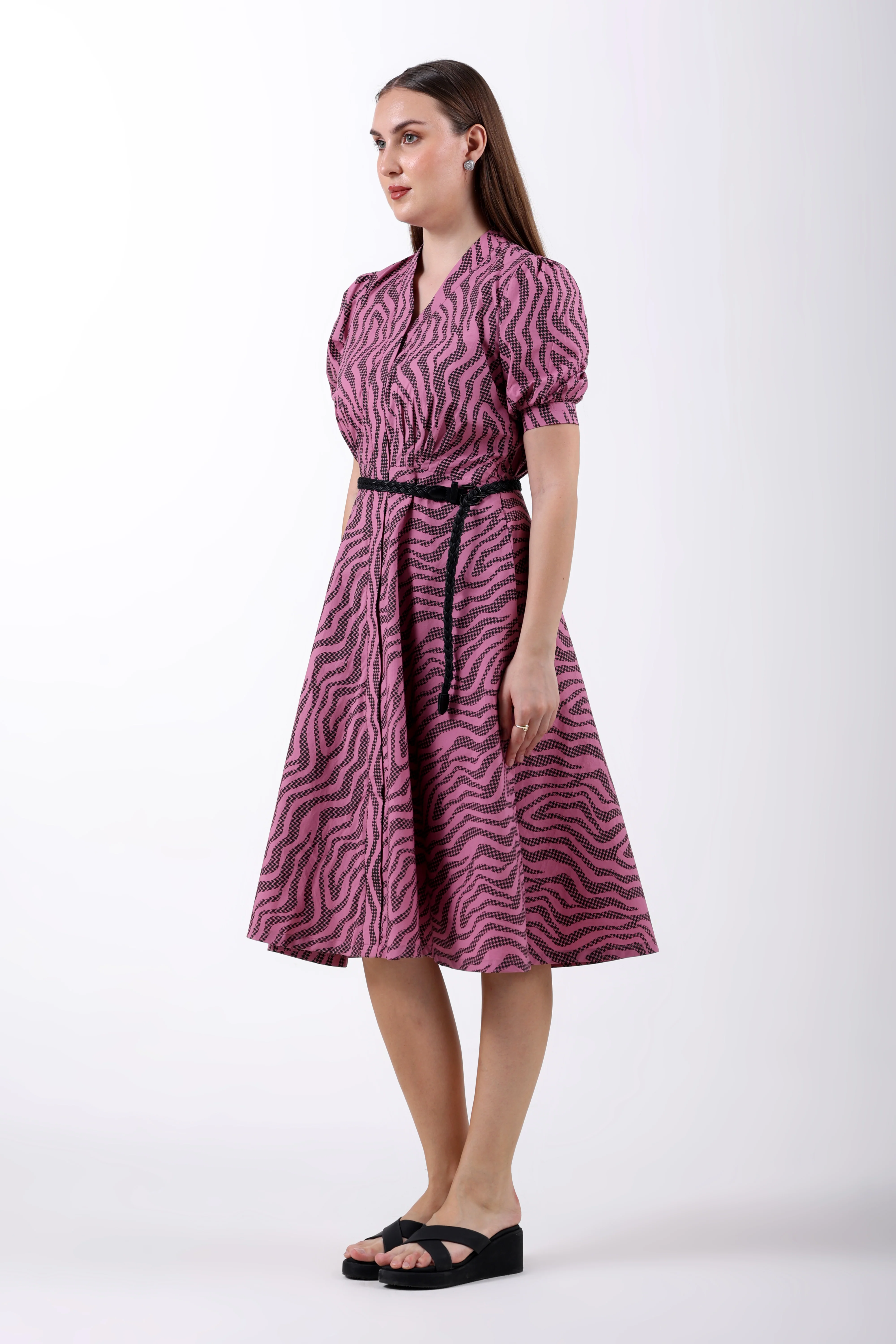 Mauve Precision Pleated Cotton Midi Dress for Women - Image 5