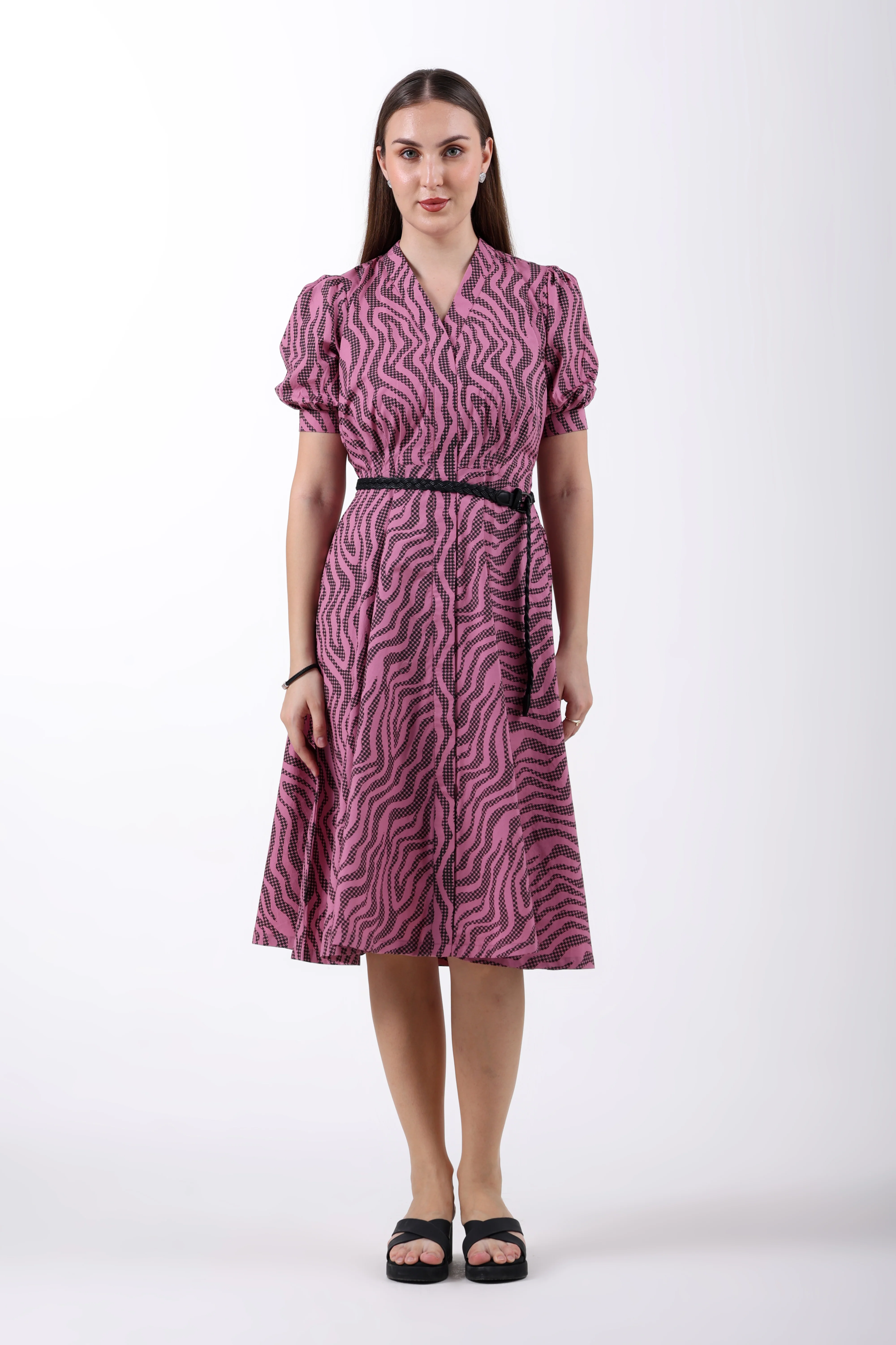 Mauve Precision Pleated Cotton Midi Dress for Women - Image 6