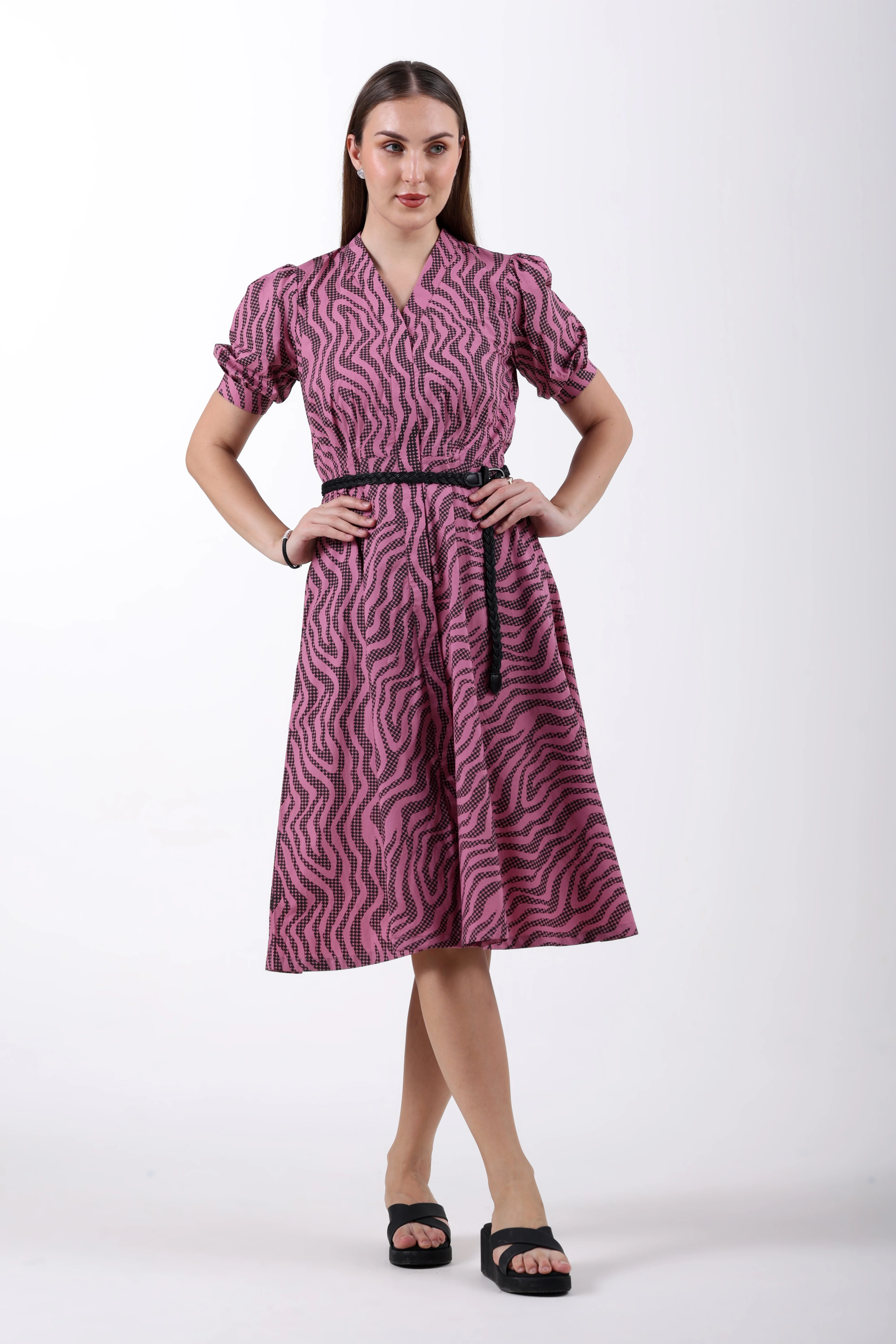 Mauve Precision Pleated Cotton Midi Dress for Women - Image 7