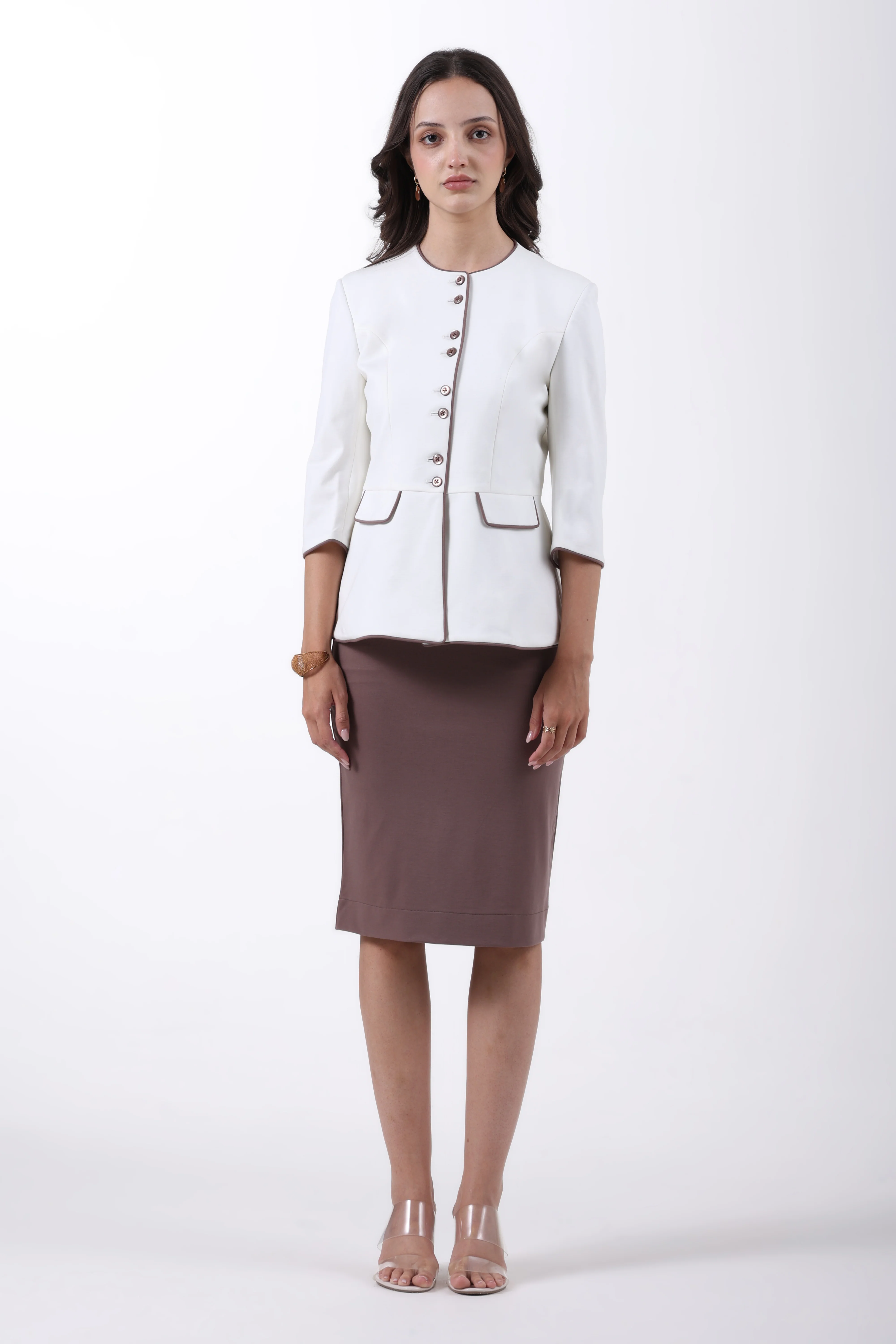 Modern Peplum Tencel, Shacket Skirt Set, Off White & Brown - Image 3