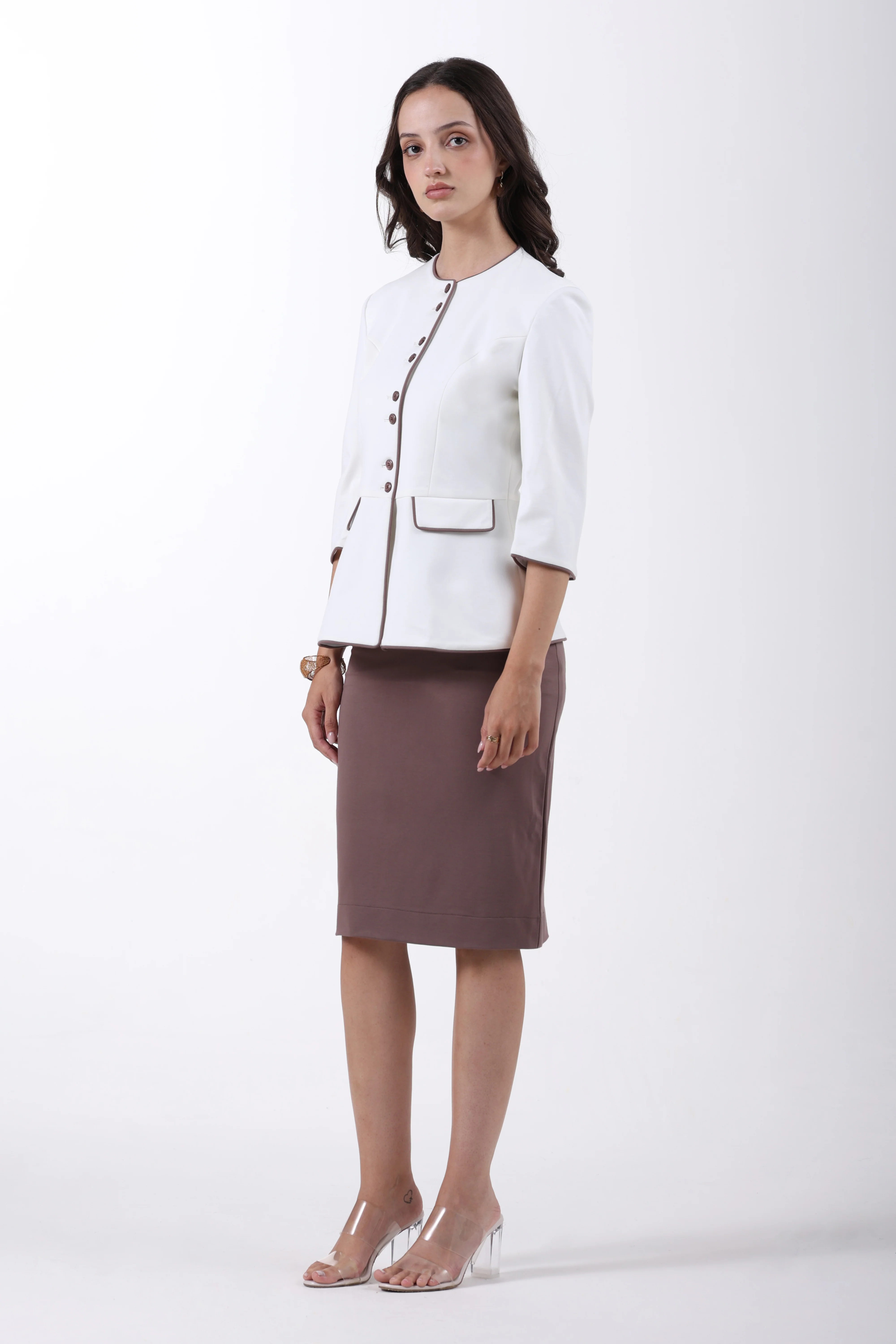 Modern Peplum Tencel, Shacket Skirt Set, Off White & Brown - Image 5