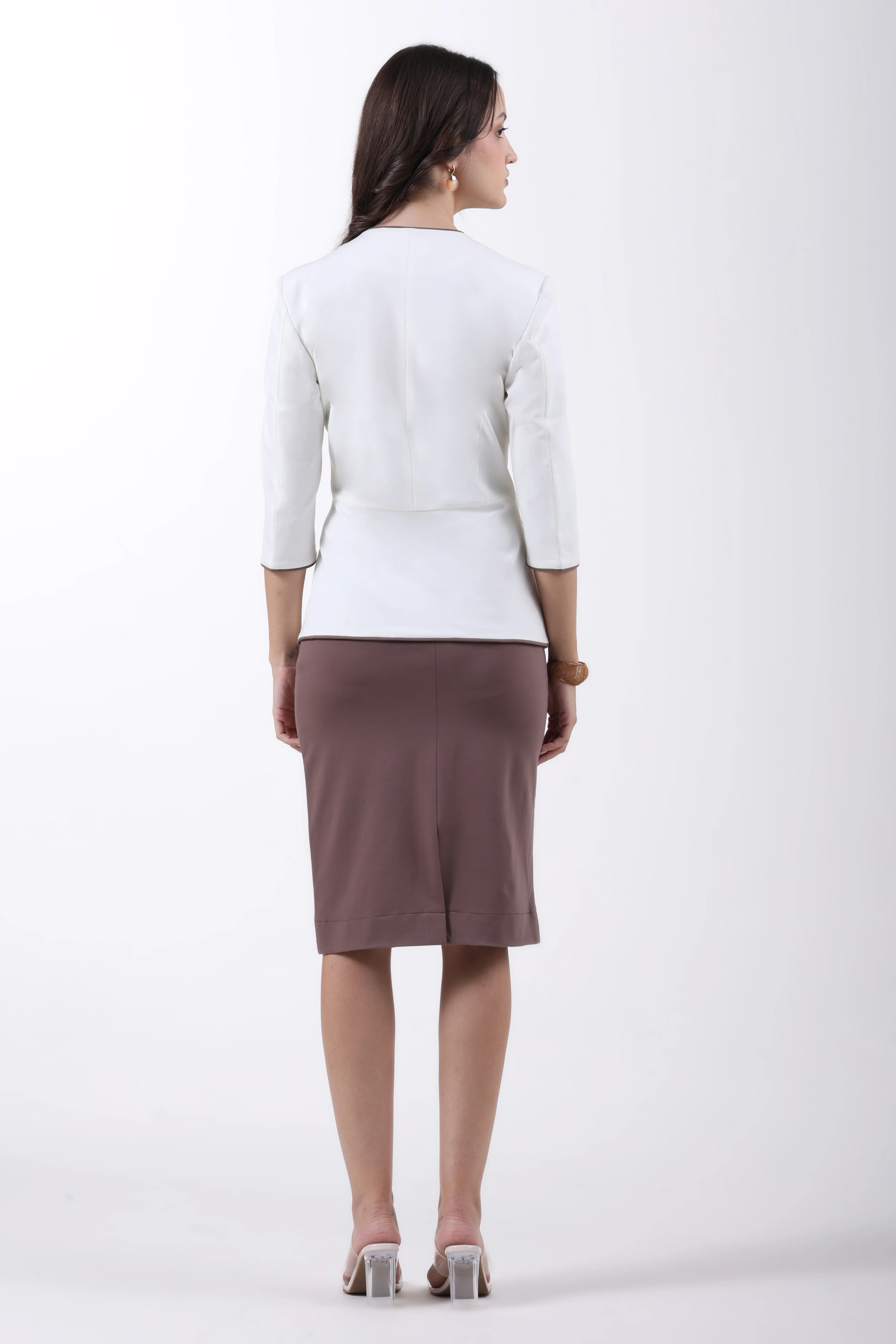 Modern Peplum Tencel, Shacket Skirt Set, Off White & Brown - Image 6