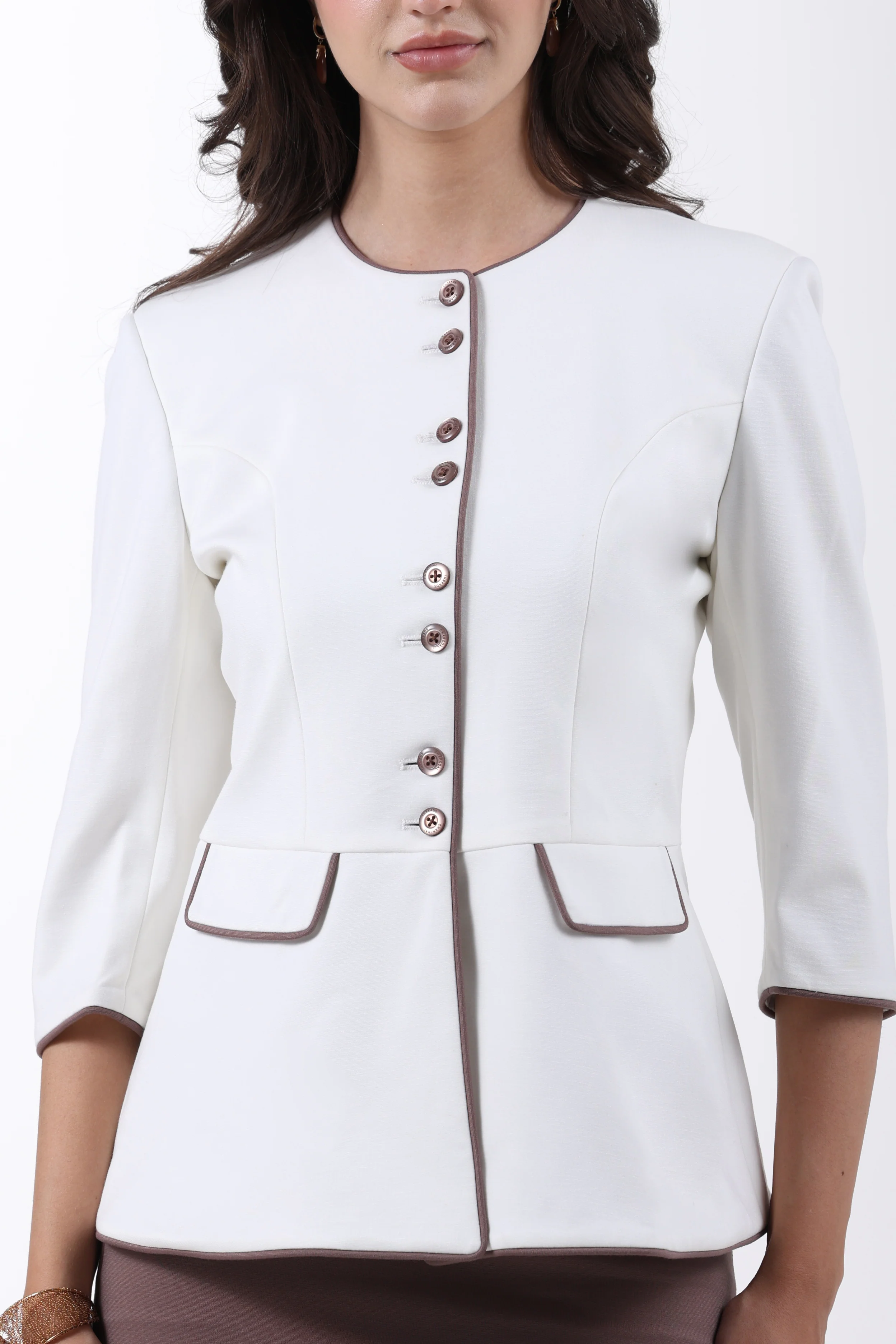 Modern Peplum Tencel, Shacket Skirt Set, Off White & Brown - Image 8