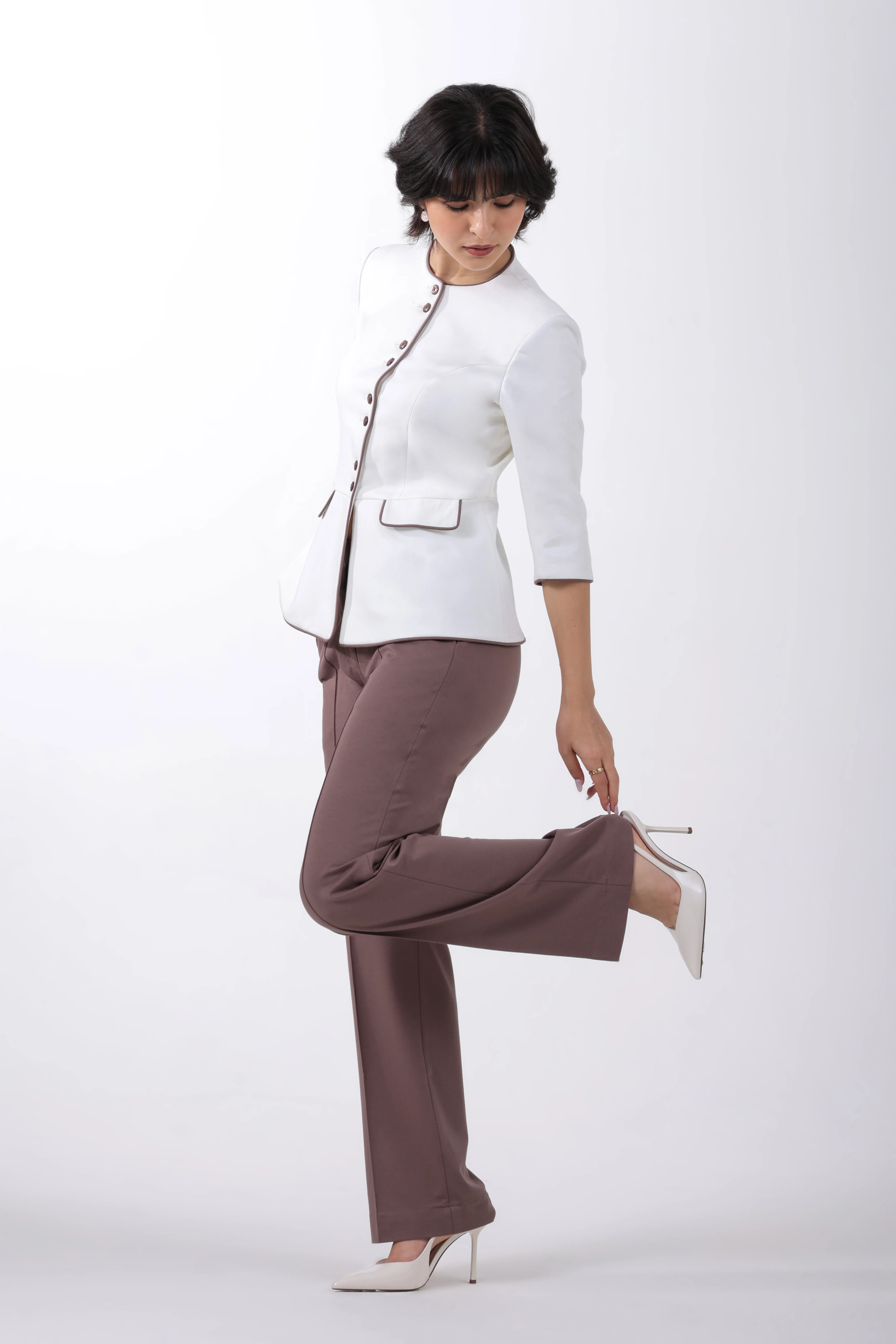 Modern Peplum Tencel, Shacket Trouser Set, Off White & Brown - Image 3
