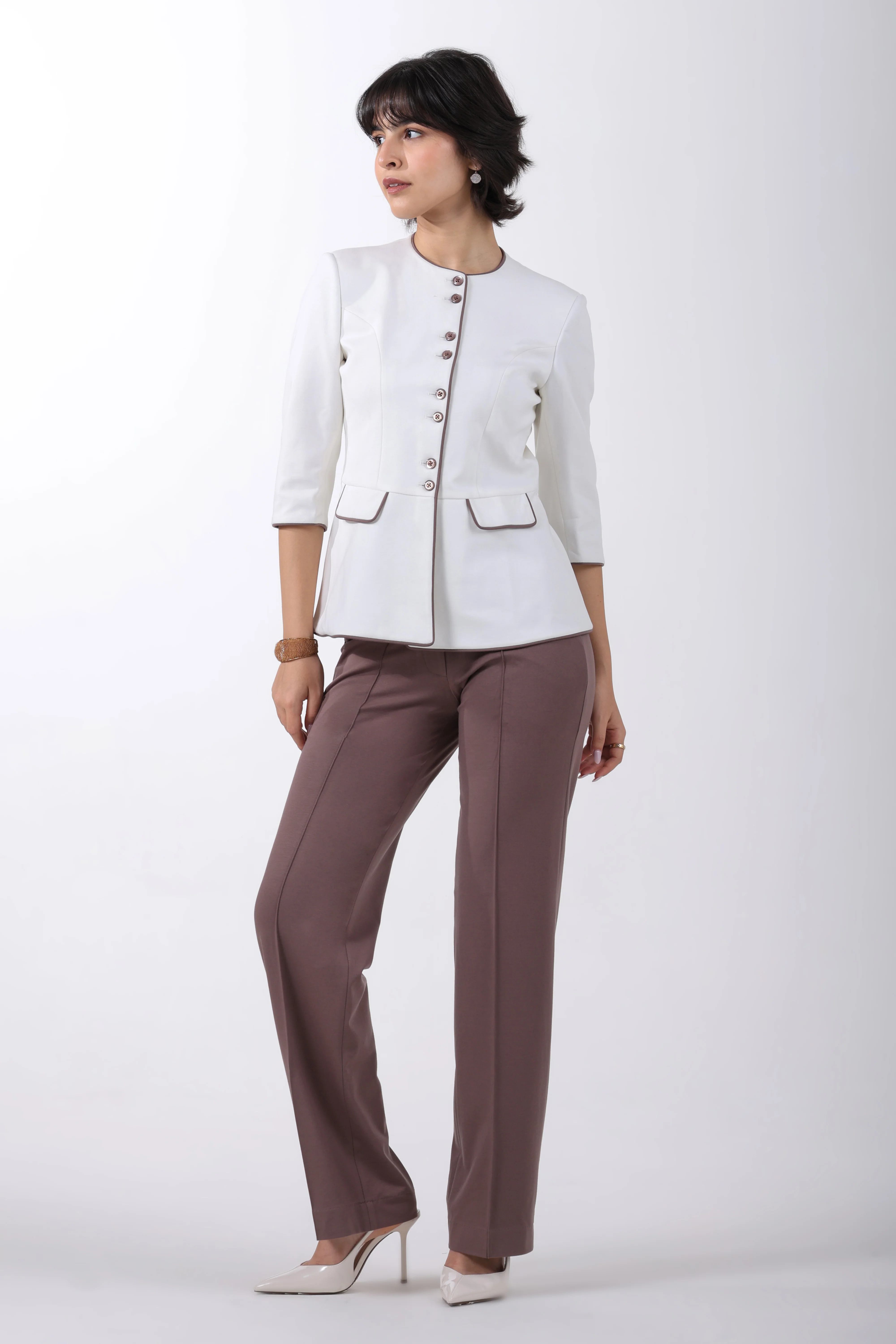 Modern Peplum Tencel, Shacket Trouser Set, Off White & Brown - Image 4