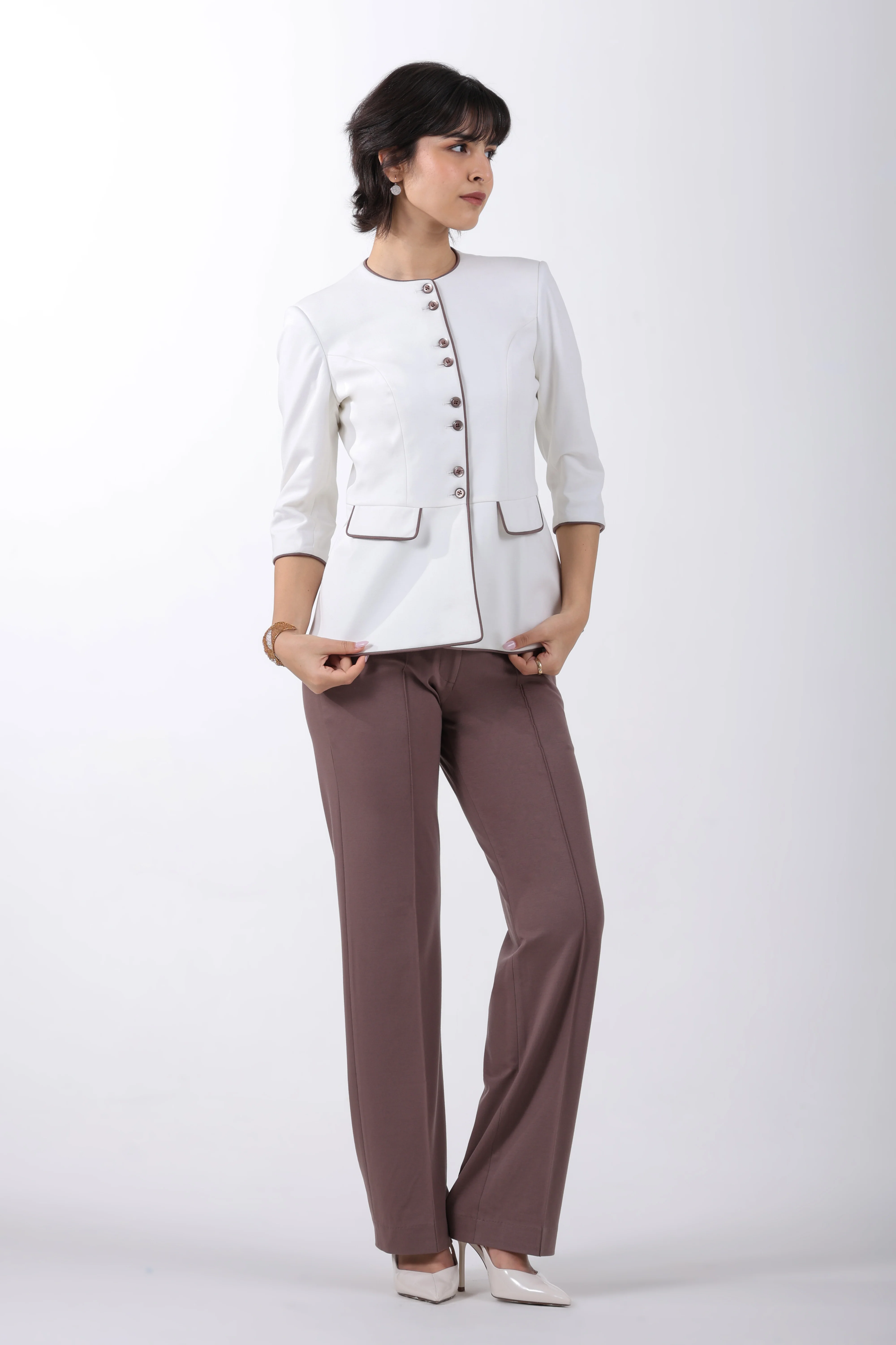 Modern Peplum Tencel, Shacket Trouser Set, Off White & Brown - Image 5