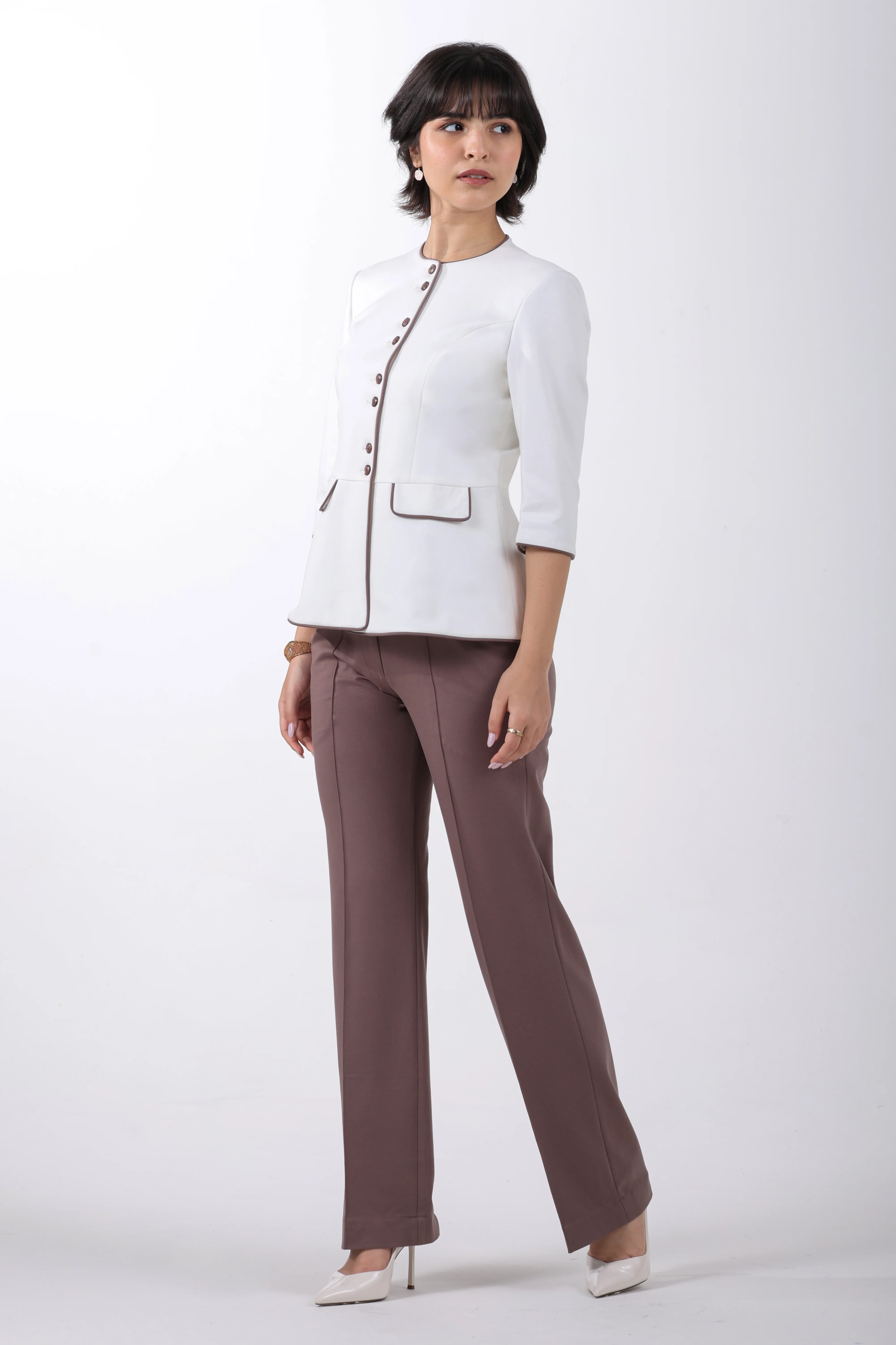 Modern Peplum Tencel, Shacket Trouser Set, Off White & Brown - Image 6