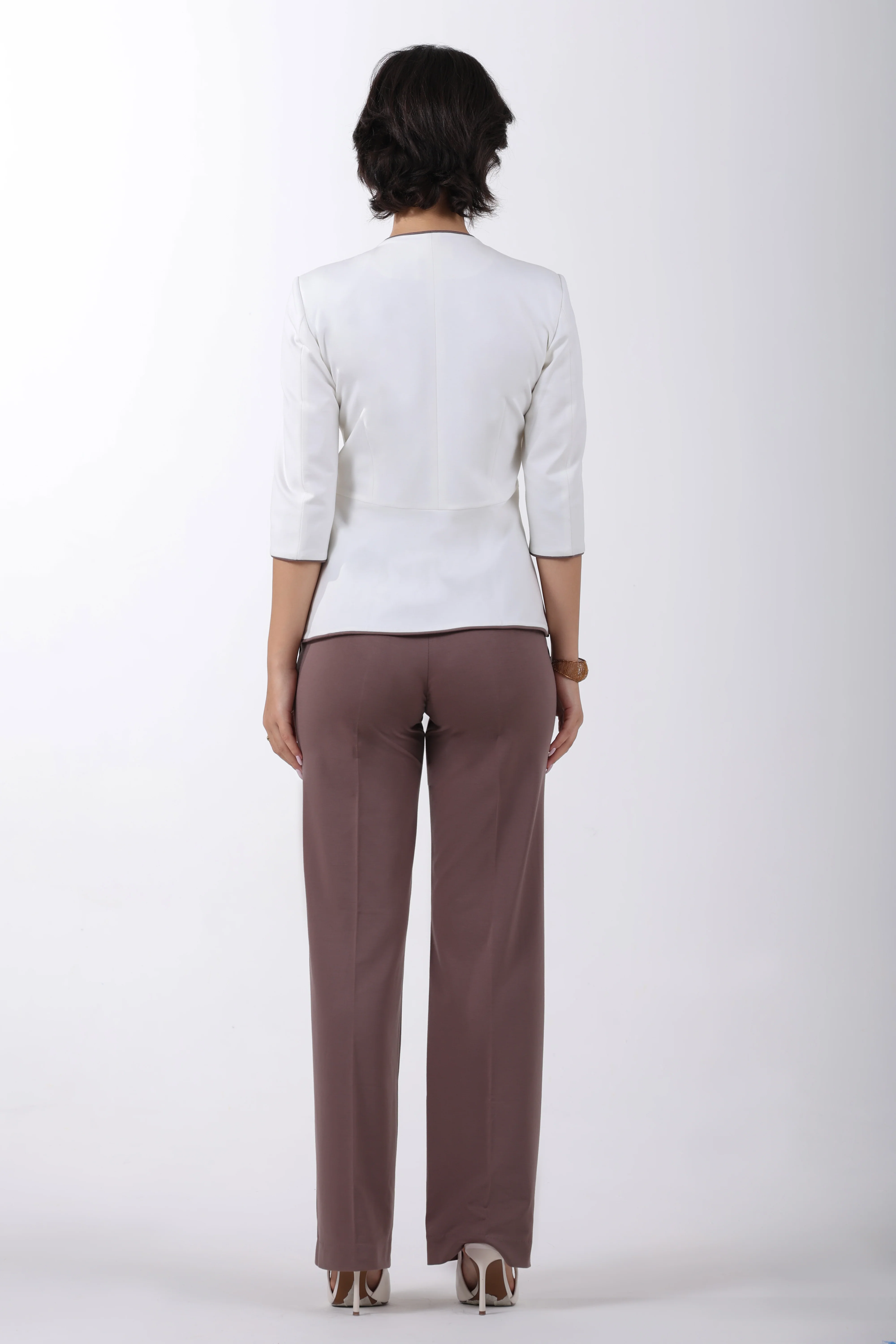 Modern Peplum Tencel, Shacket Trouser Set, Off White & Brown - Image 7