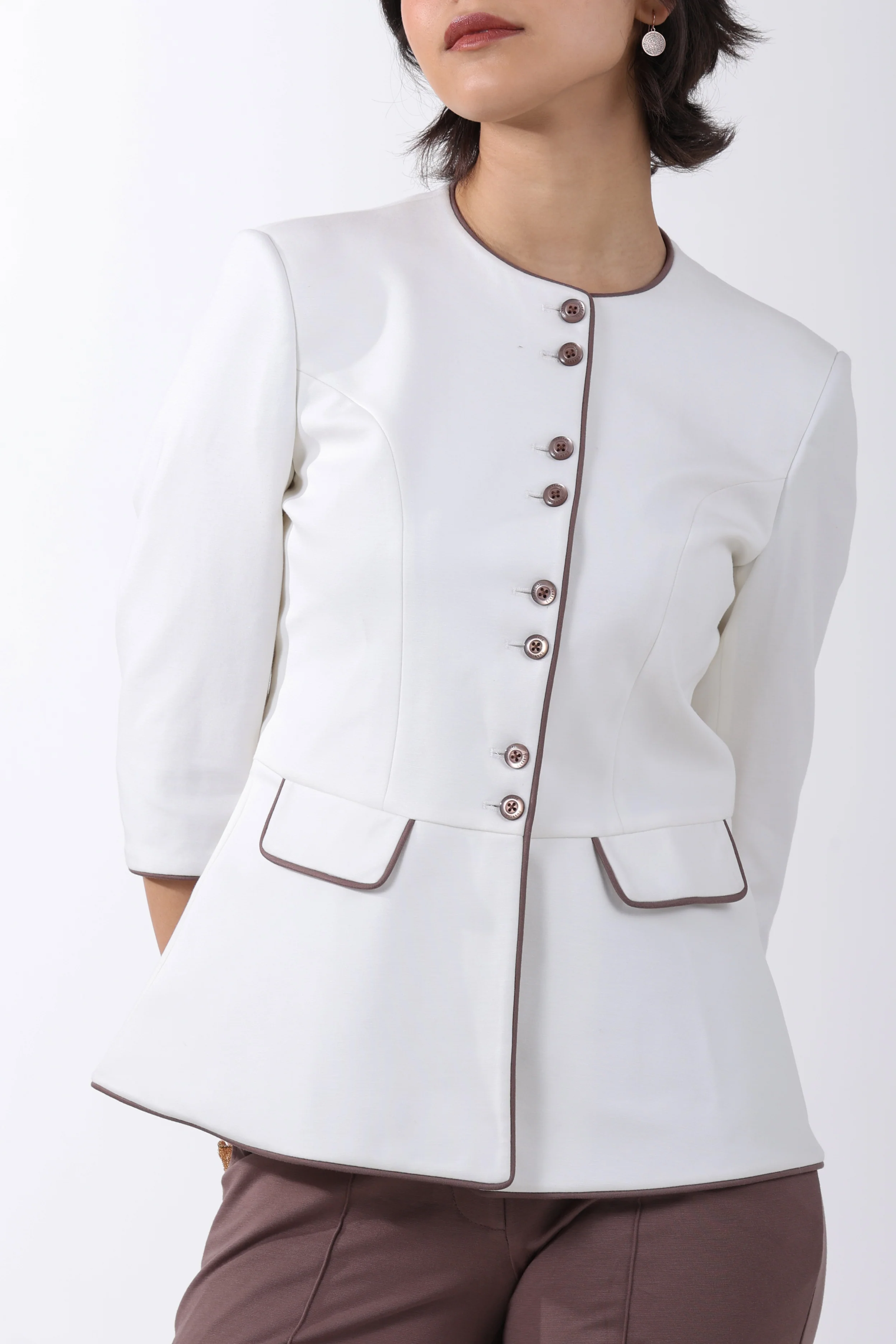 Modern Peplum Tencel, Shacket Trouser Set, Off White & Brown - Image 8