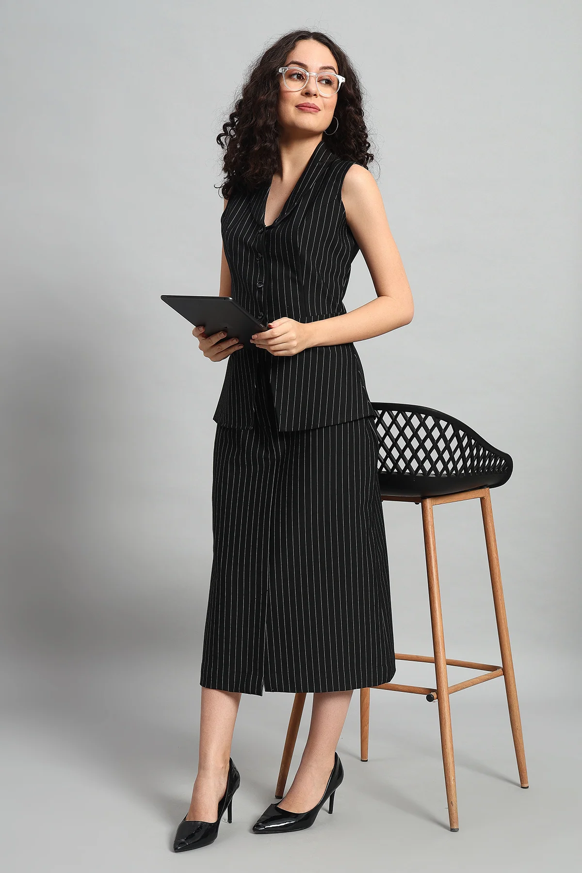 Pinstripe Precision Vest and Skirt Co-ord – Black Pinstripe