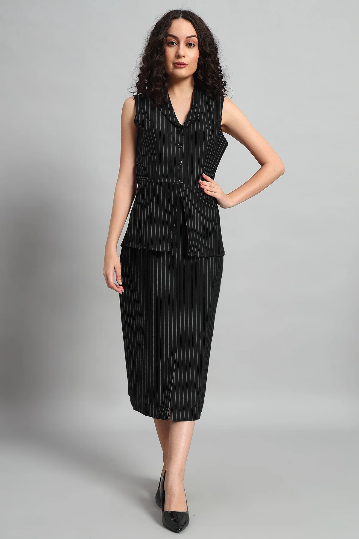 Pinstripe Precision Vest and Skirt Co-ord – Black Pinstripe - Image 4