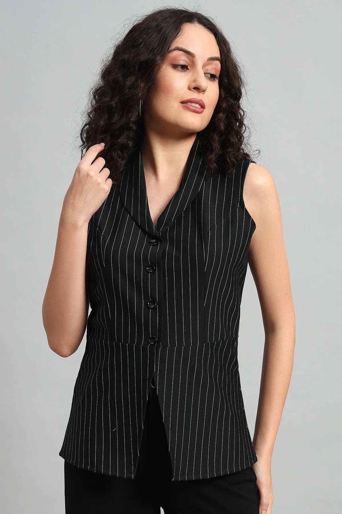 Pinstripe Shawl Collar Waistcoat – Black - Image 2