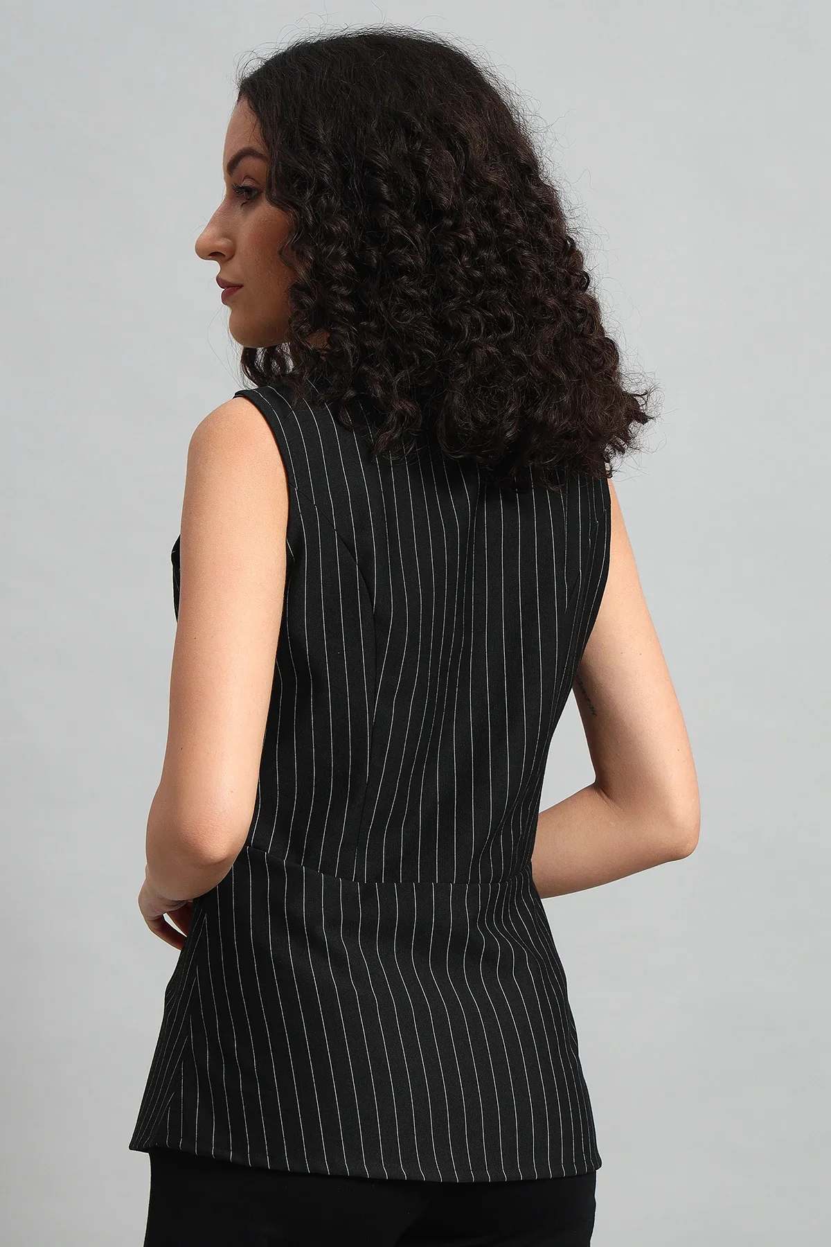 Pinstripe Shawl Collar Waistcoat – Black - Image 3