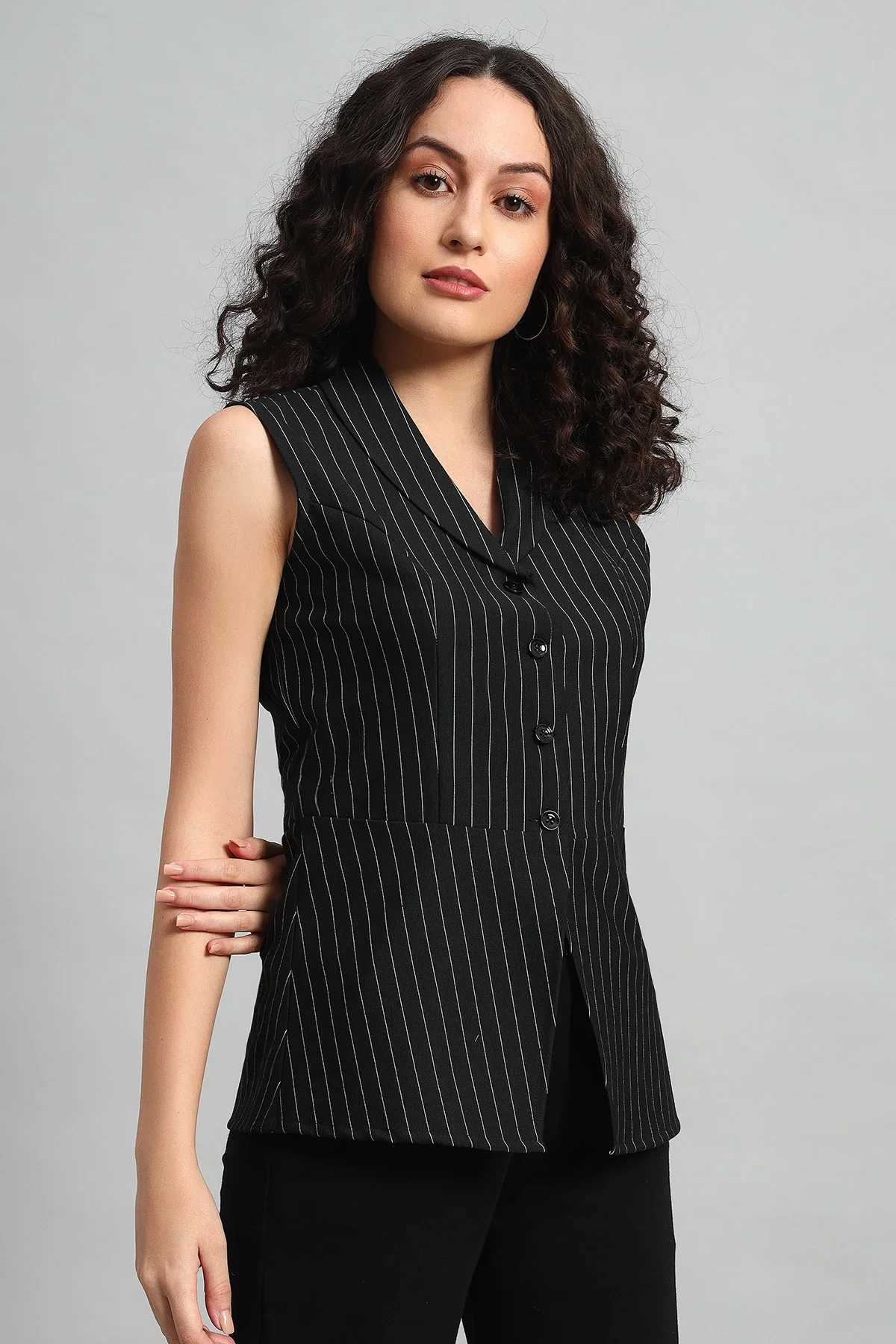 Pinstripe Shawl Collar Waistcoat – Black - Image 4