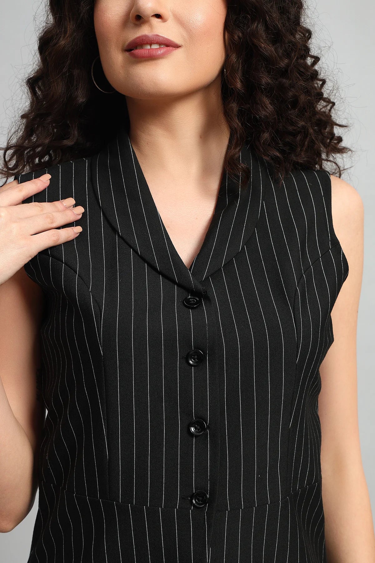 Pinstripe Shawl Collar Waistcoat – Black - Image 6