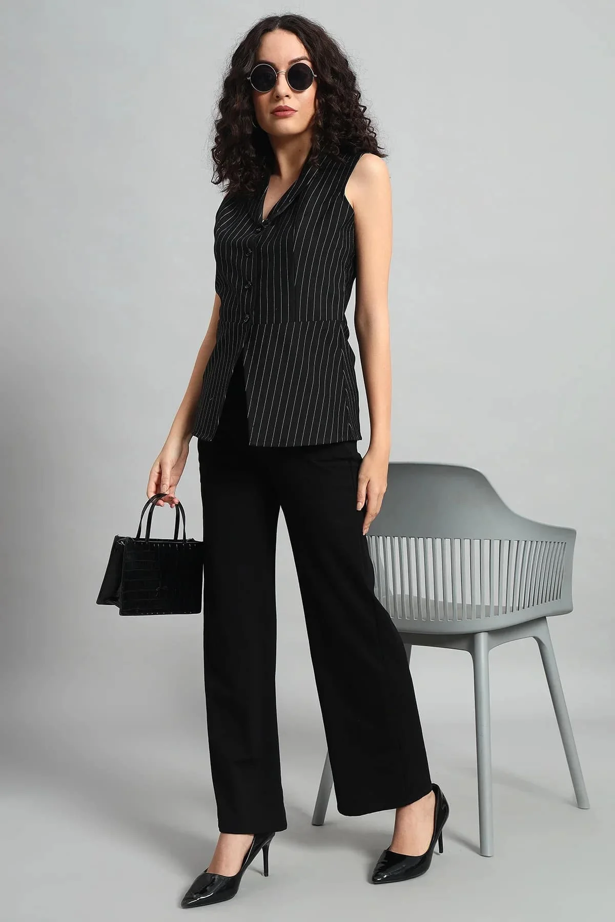 Pinstripe Shawl Collar Waistcoat – Black - Image 7