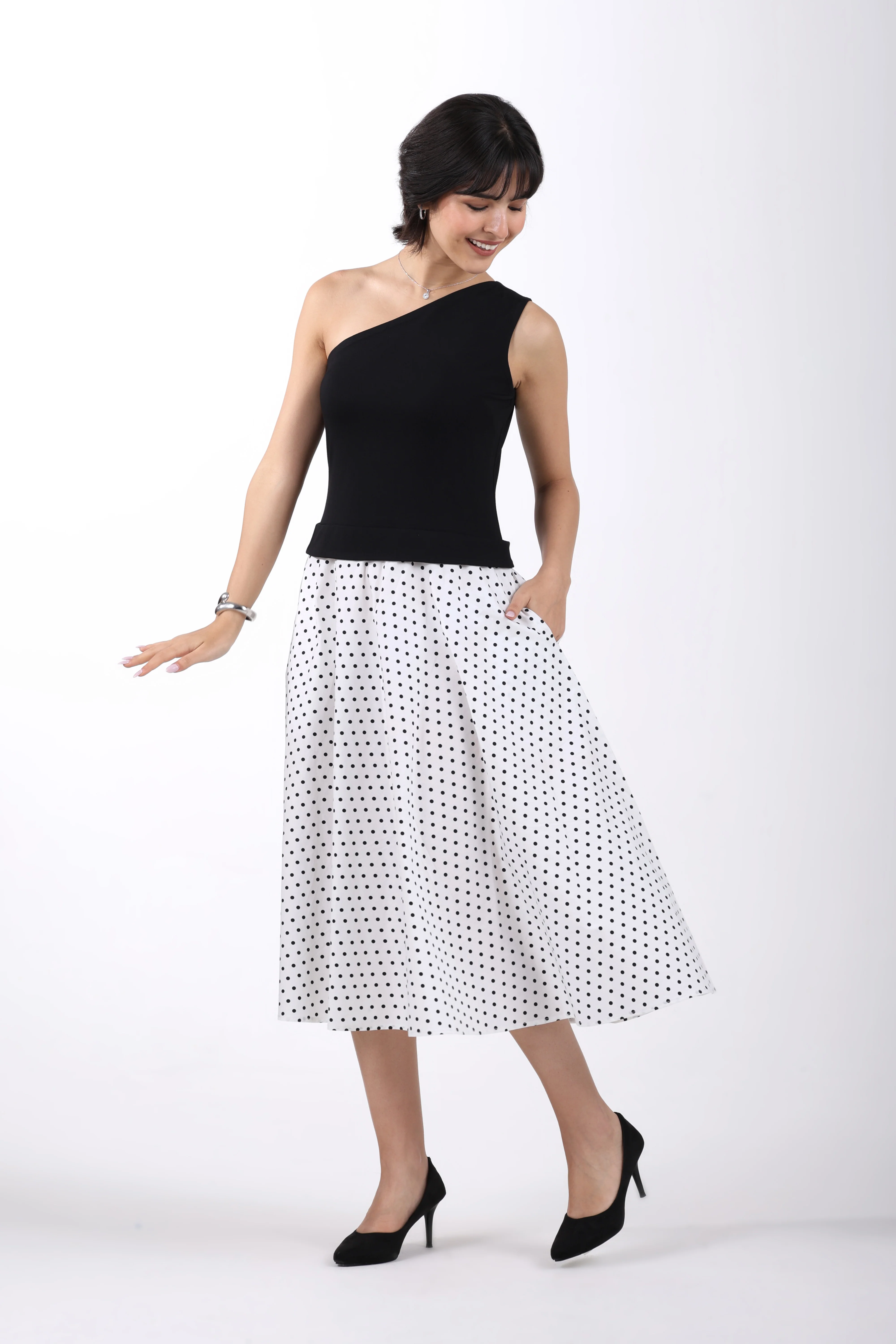 Polka Fusion One-Shoulder Cotton Midi Dress - Image 3