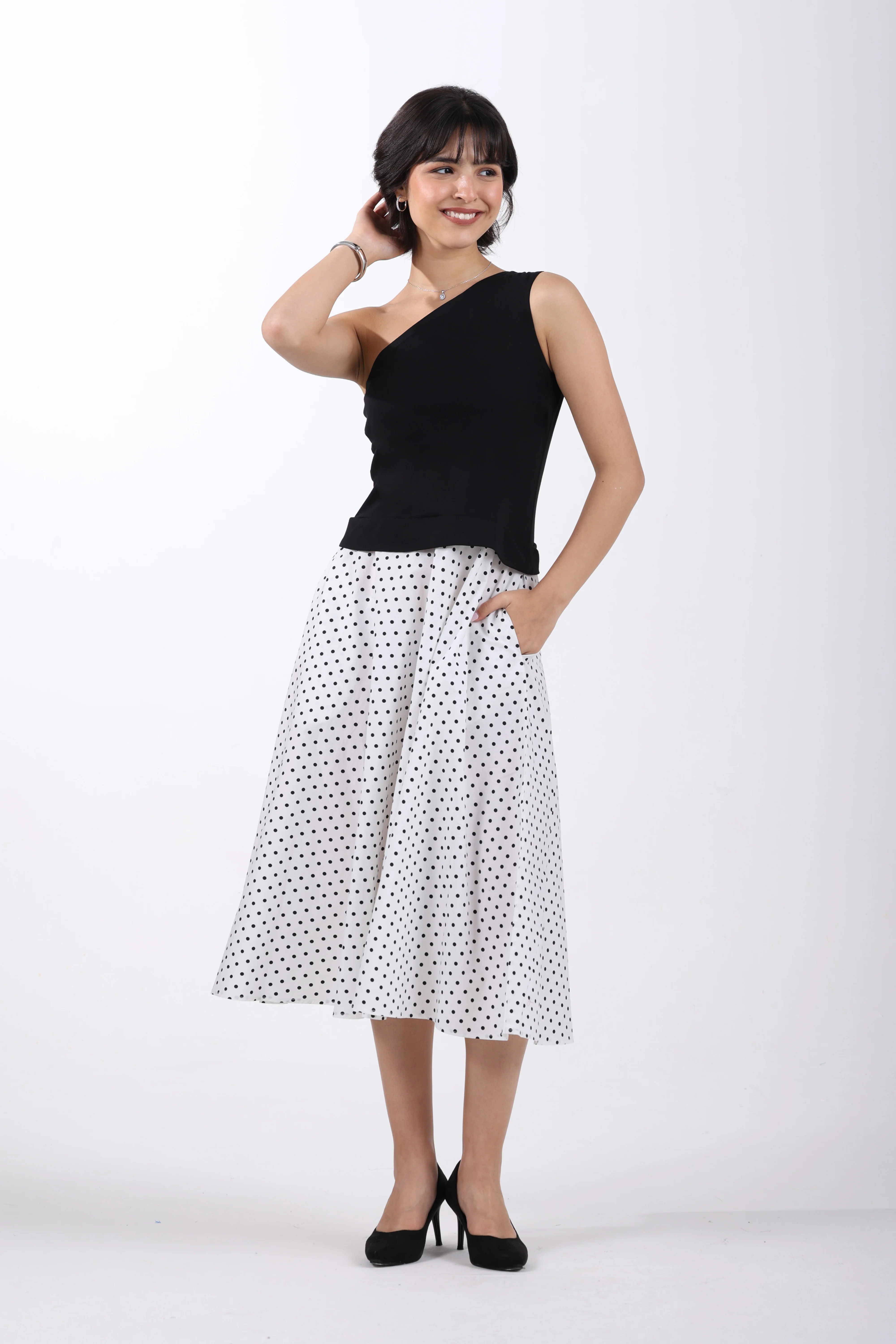 Polka Fusion One-Shoulder Cotton Midi Dress - Image 4