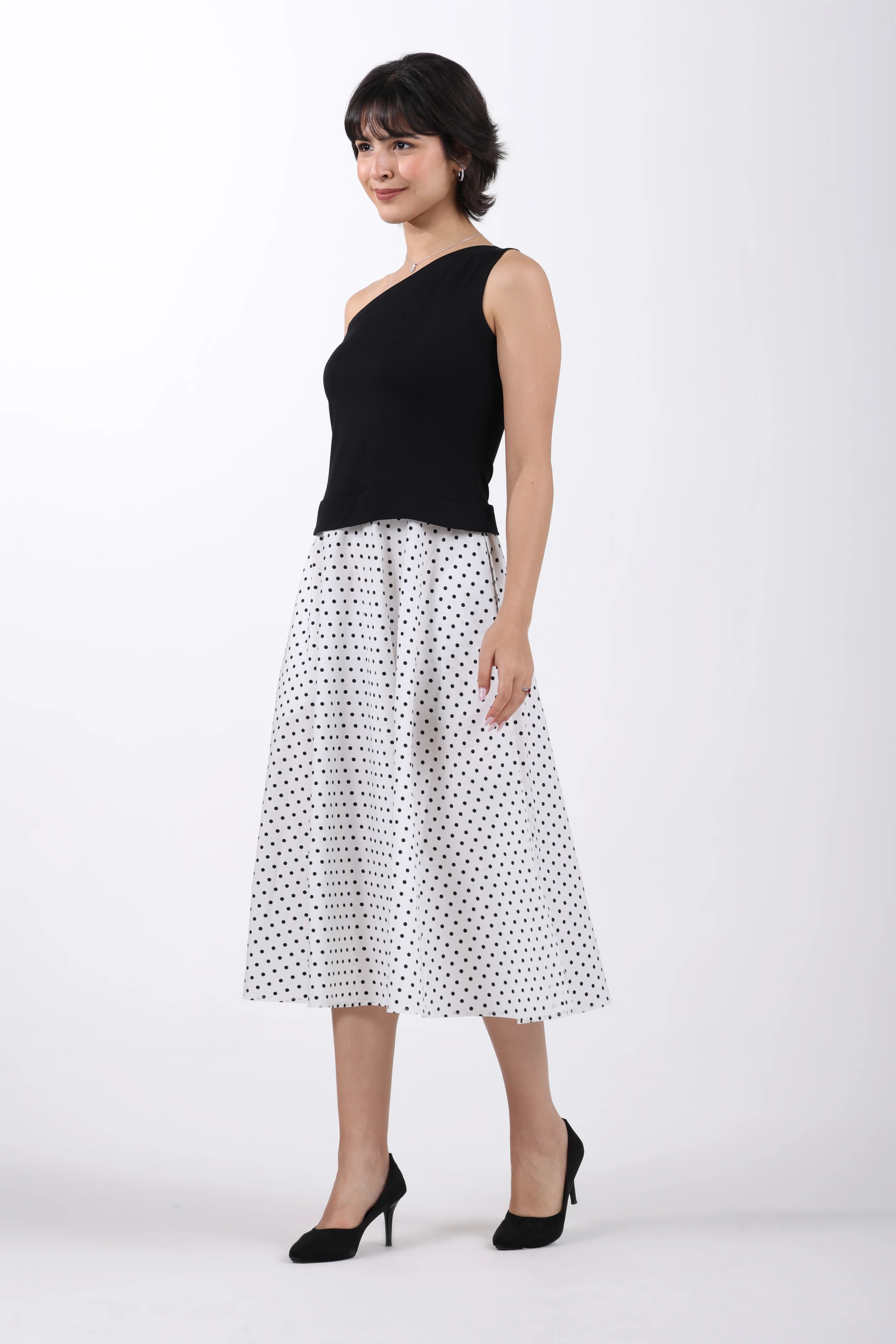 Polka Fusion One-Shoulder Cotton Midi Dress - Image 5