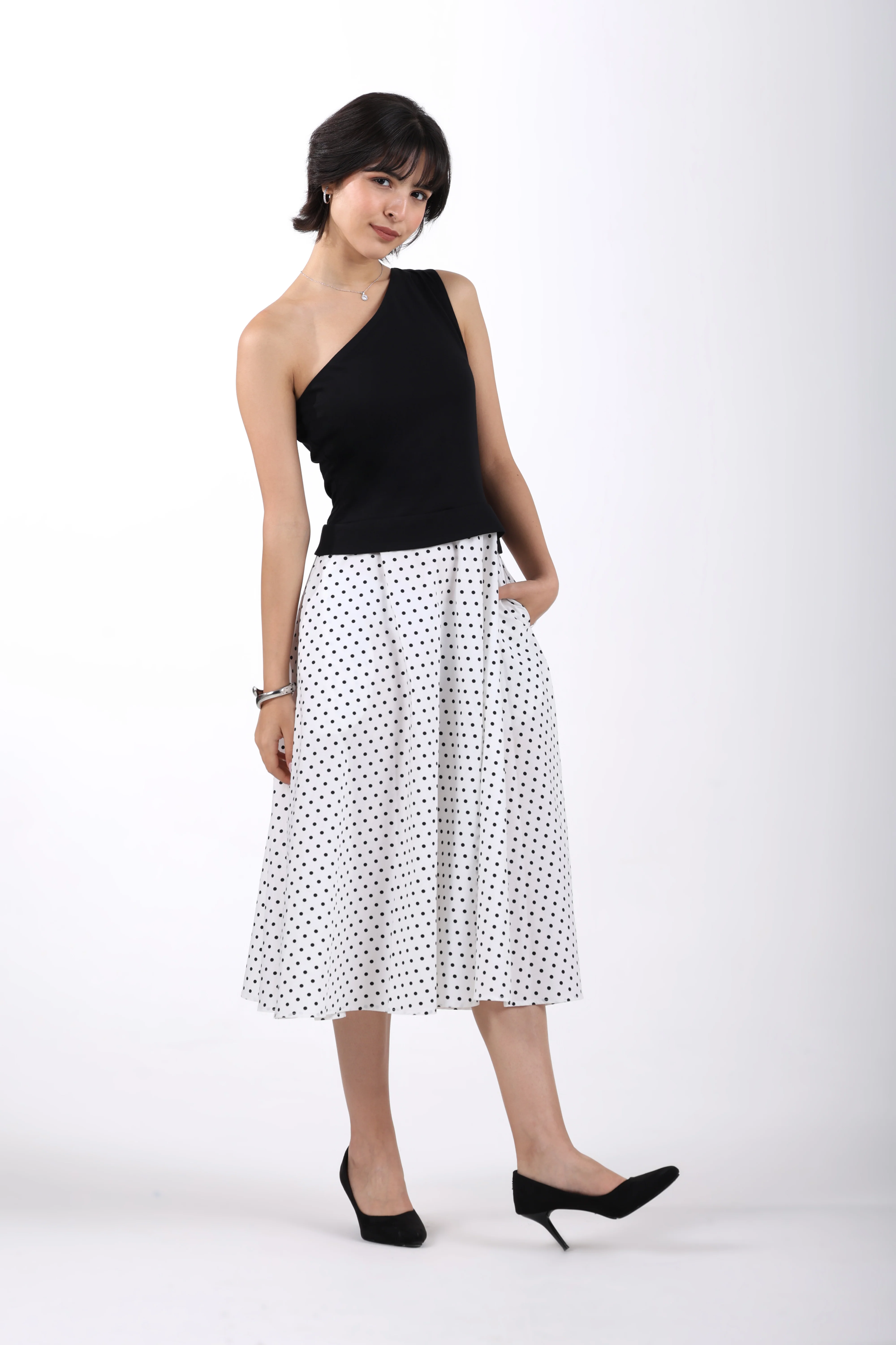 Polka Fusion One-Shoulder Cotton Midi Dress - Image 6