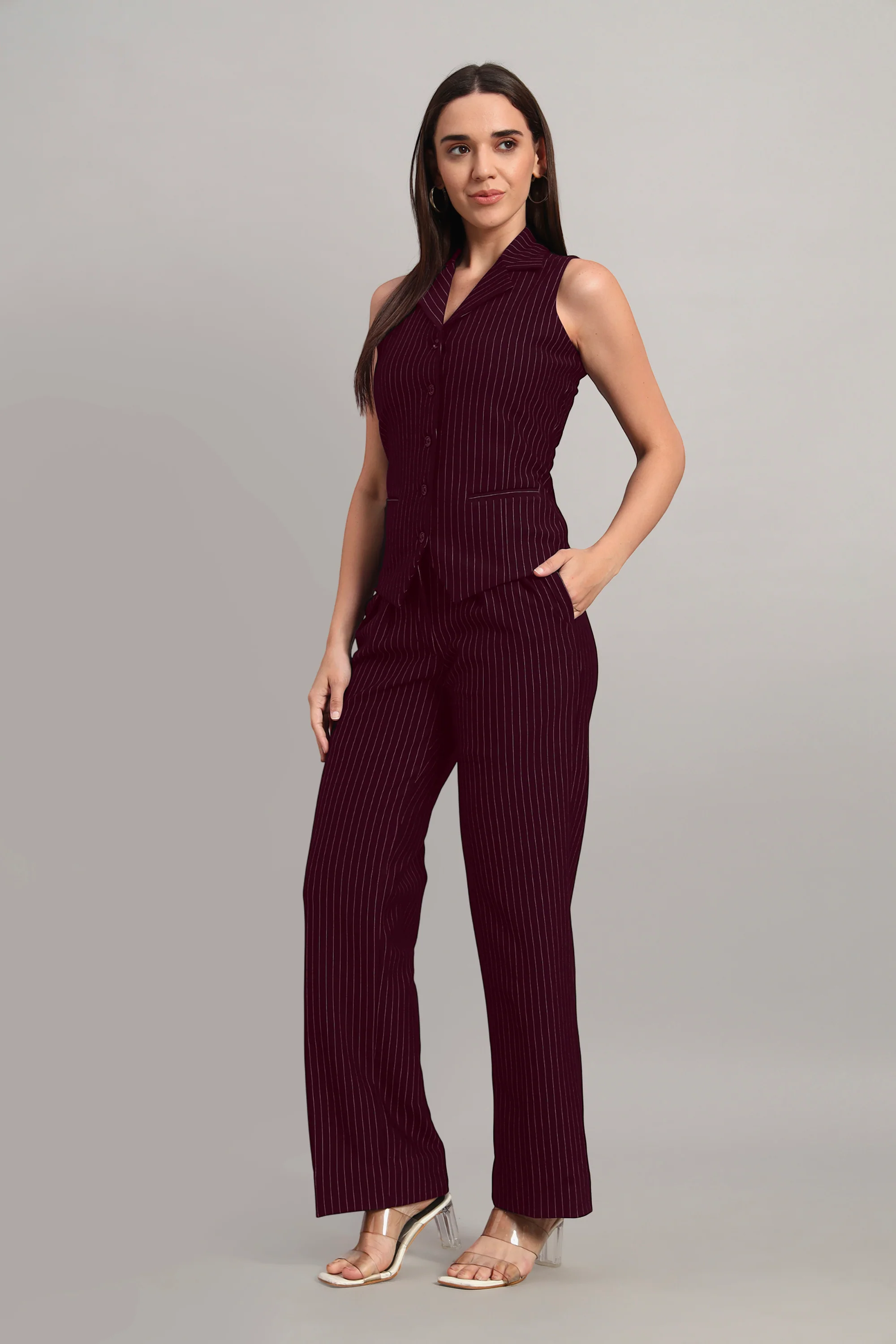 Power Pair Co-ord Set – Pinstripe Wine - Image 6