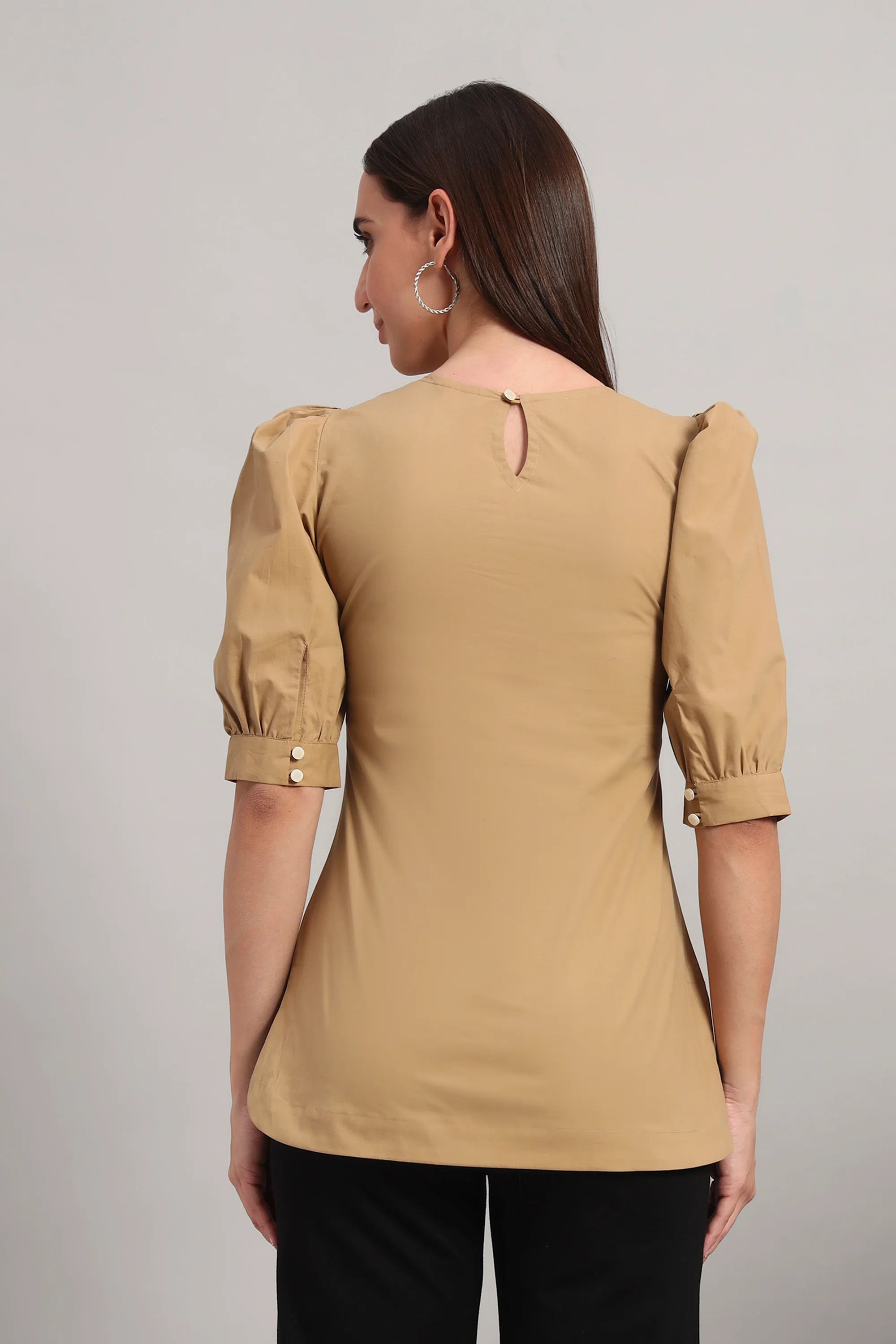Puff Sleeve Round Neck Top – Khaki - Image 3