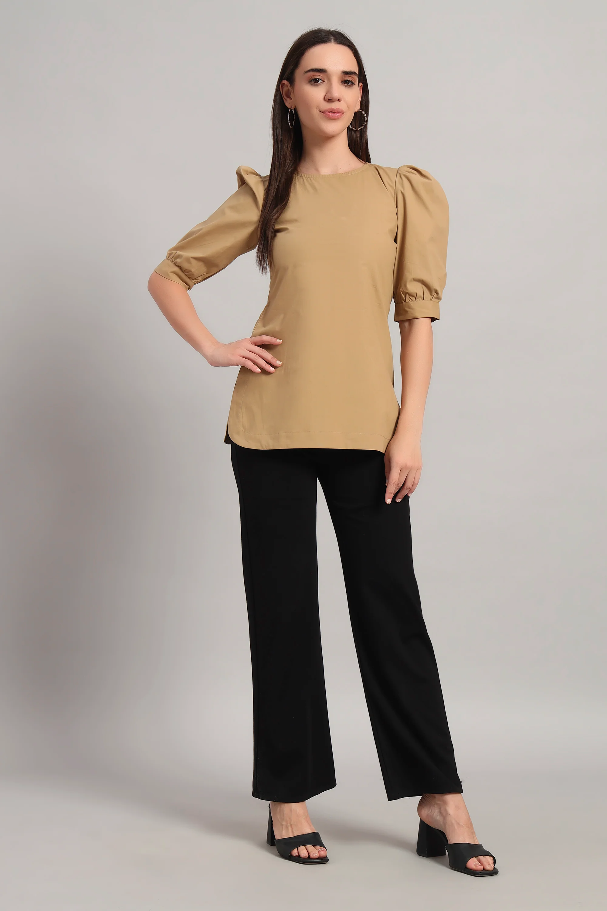 Puff Sleeve Round Neck Top – Khaki - Image 4