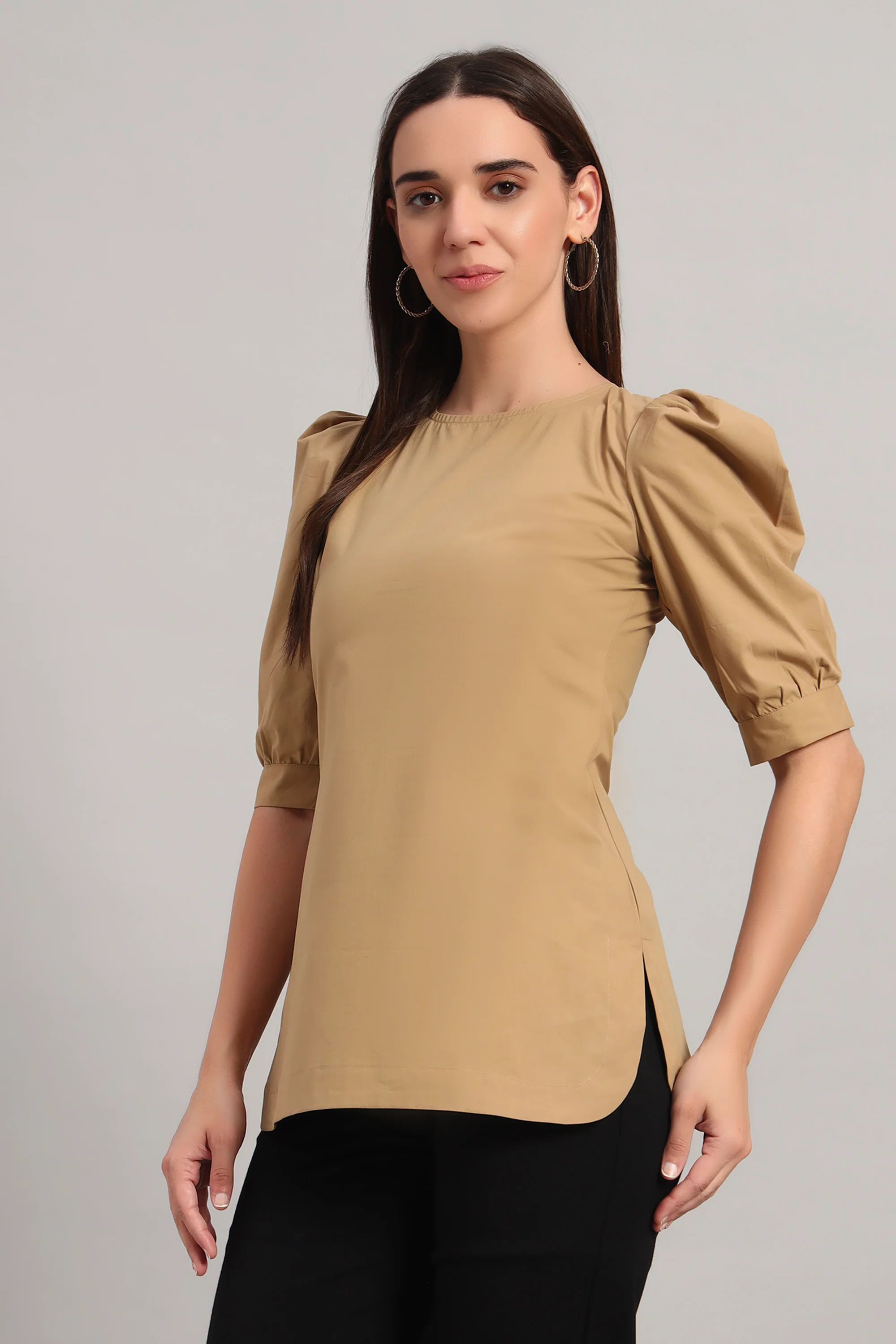Puff Sleeve Round Neck Top – Khaki - Image 5