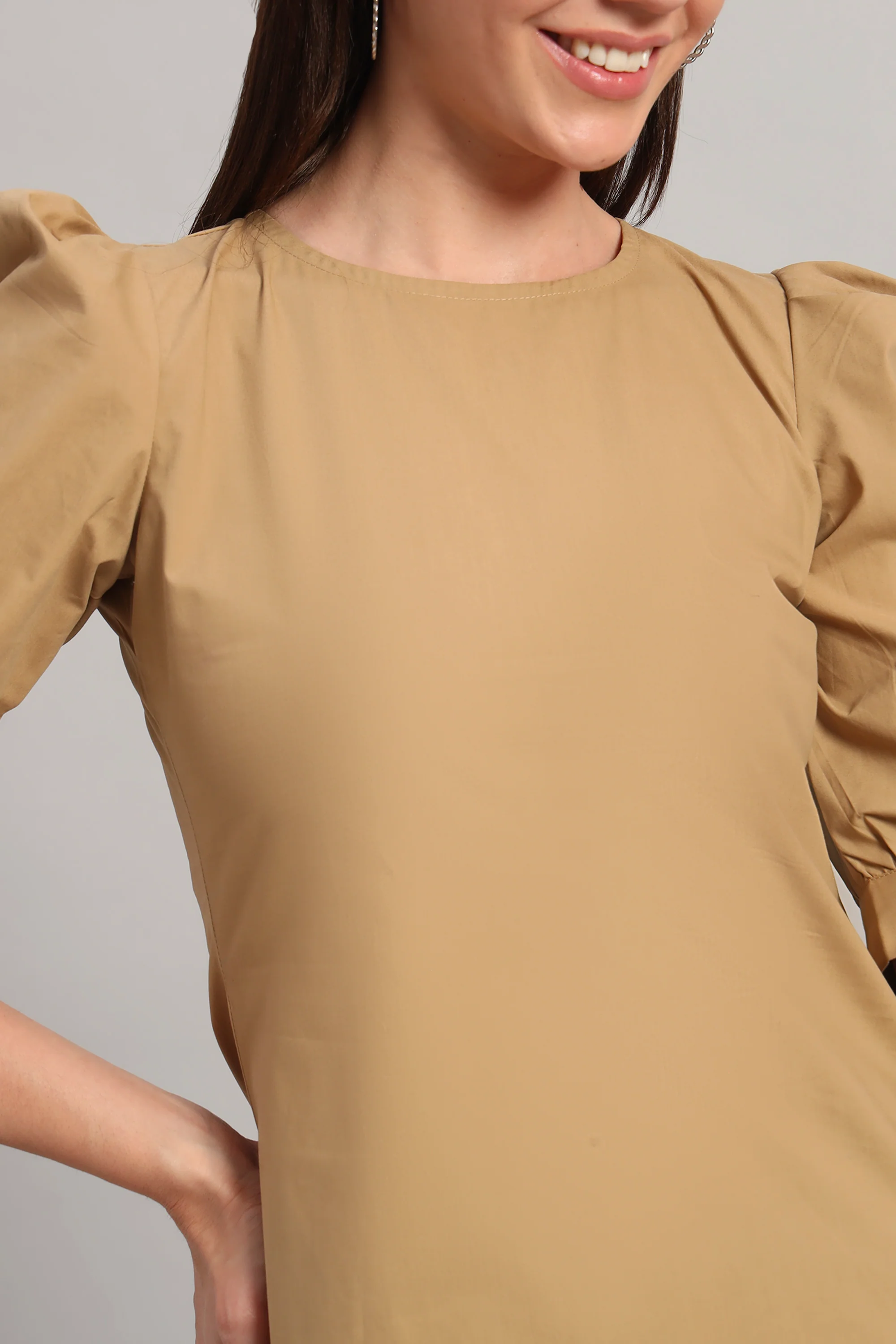 Puff Sleeve Round Neck Top – Khaki - Image 7