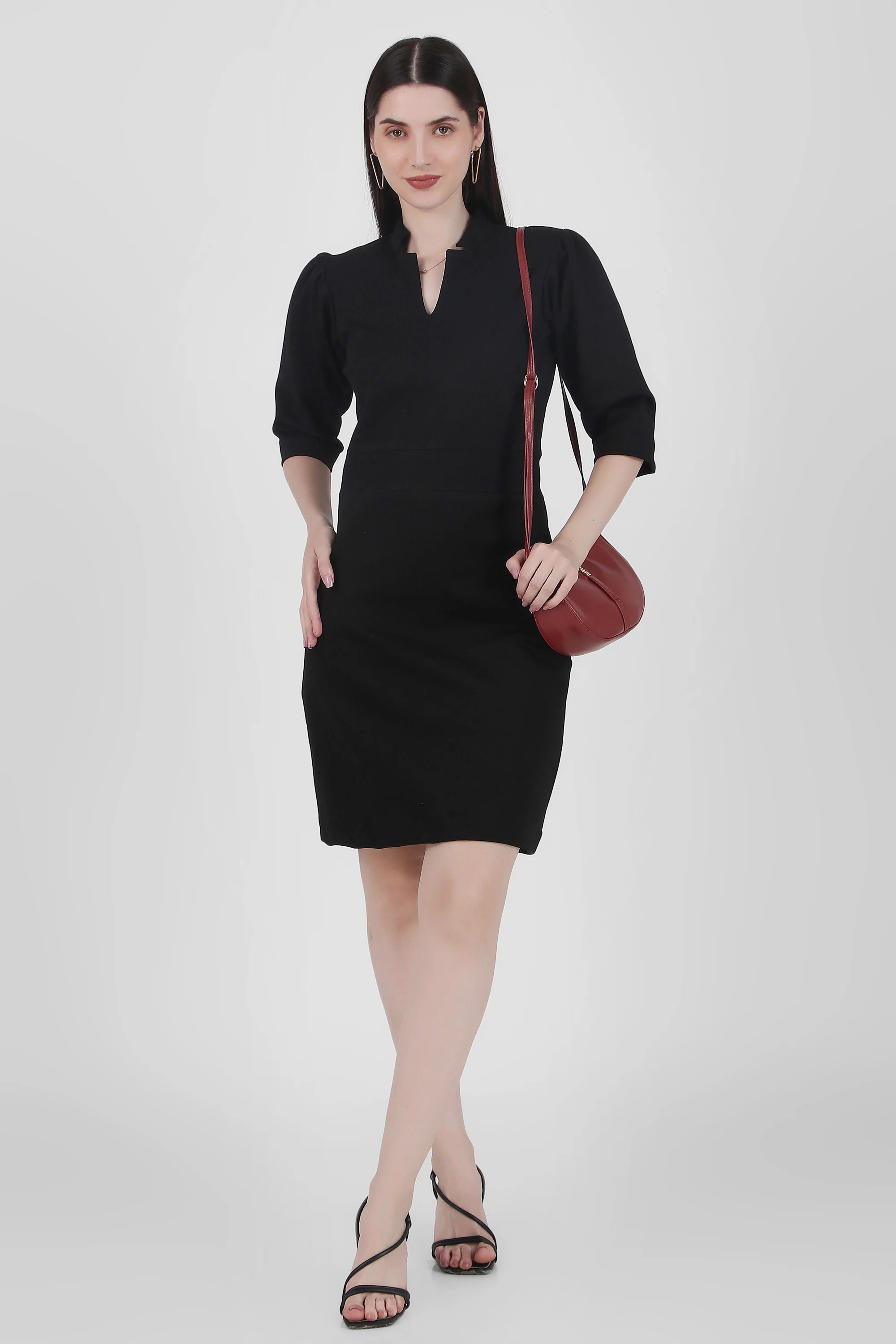 Puff Sleeves Stretch Sheath Dress – Black