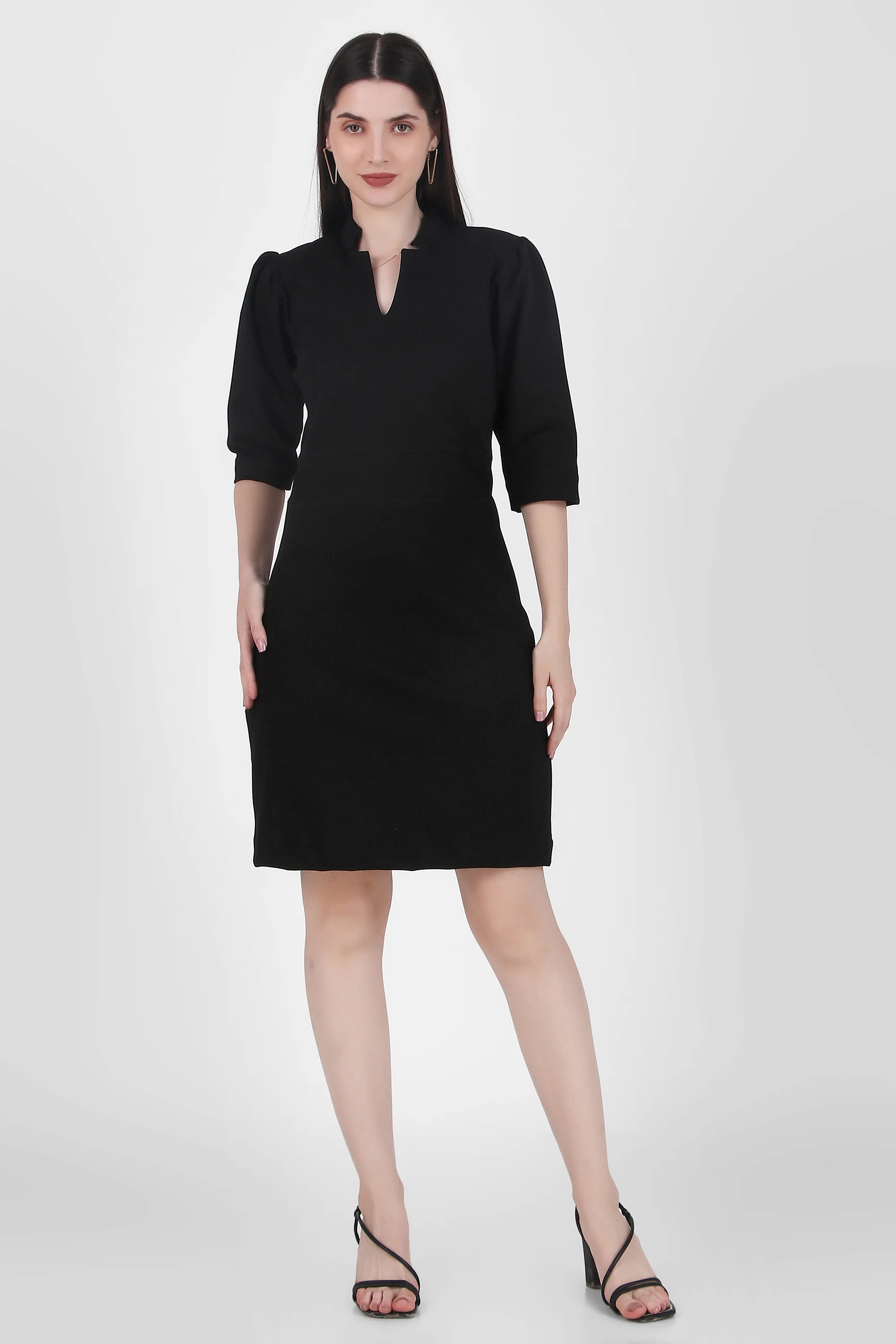 Puff Sleeves Stretch Sheath Dress – Black - Image 2