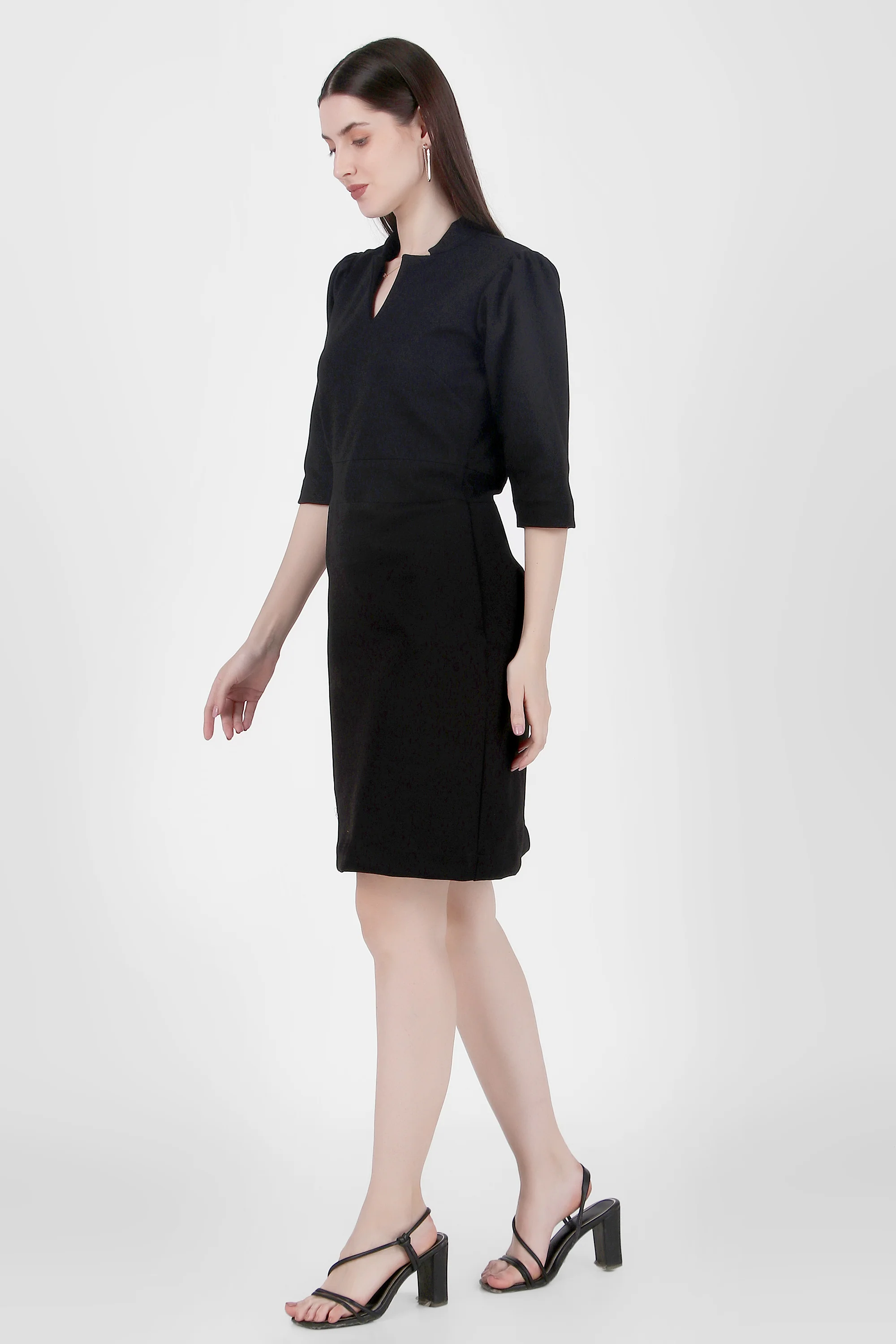 Puff Sleeves Stretch Sheath Dress – Black - Image 3