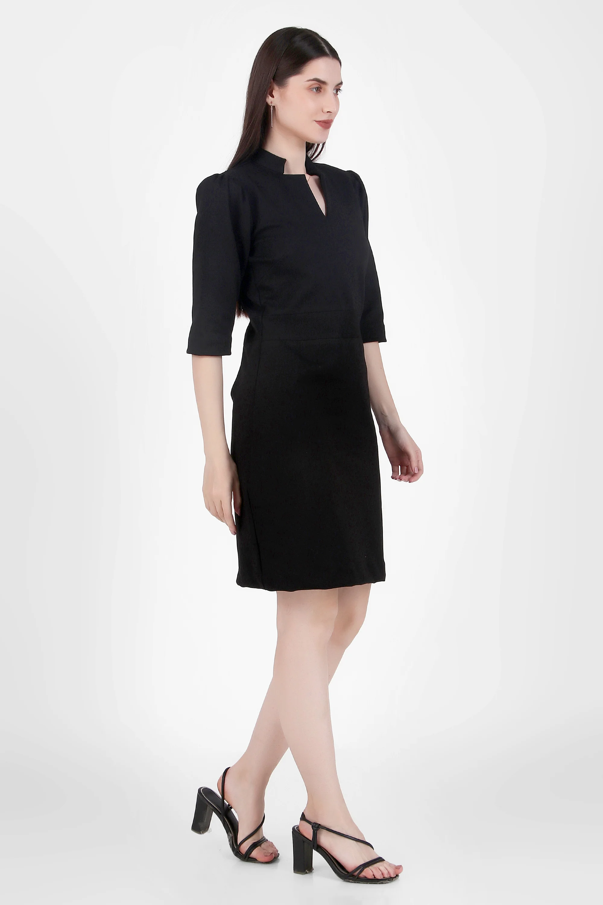 Puff Sleeves Stretch Sheath Dress – Black - Image 4