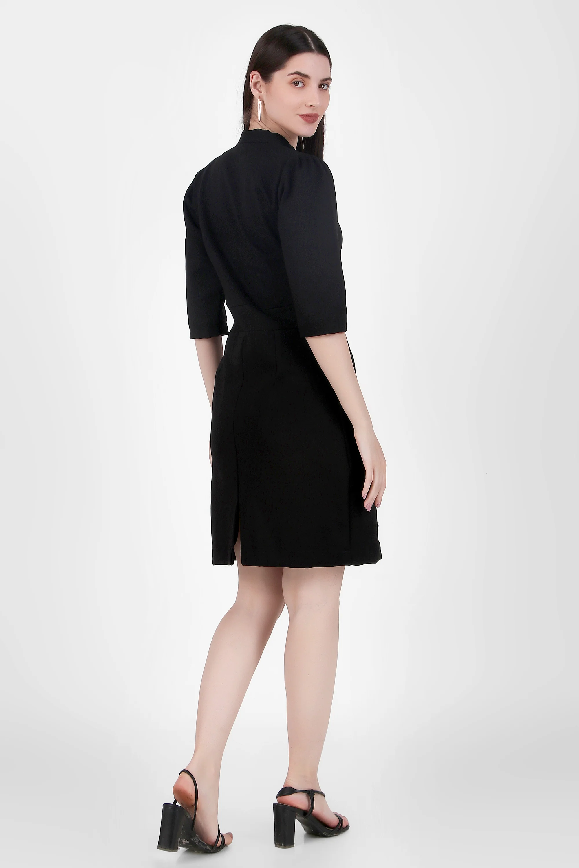 Puff Sleeves Stretch Sheath Dress – Black - Image 5
