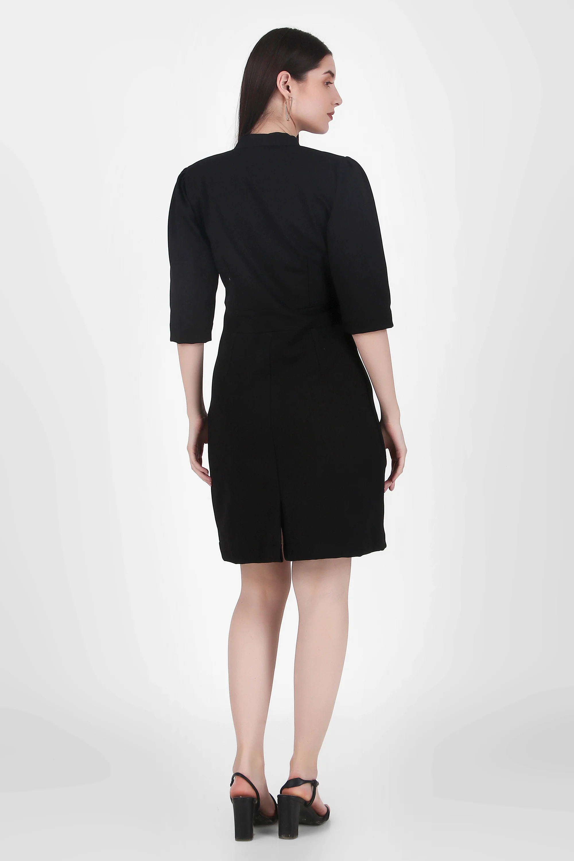 Puff Sleeves Stretch Sheath Dress – Black - Image 6